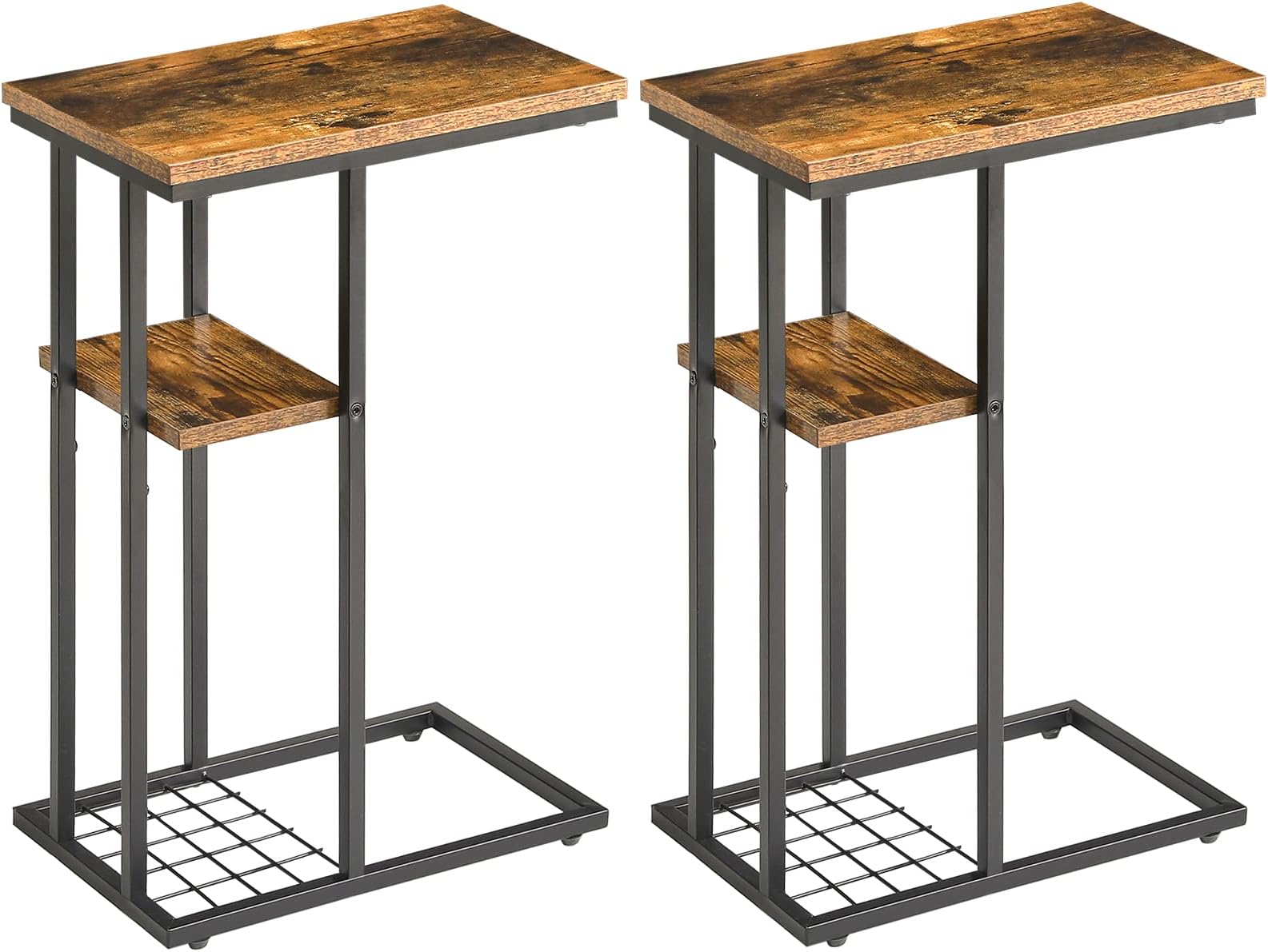 C-Shaped End Table Set of 2, Side Table for Sofa and Bed, Coffee Table for Small Spaces, Living Room, Bedroom, Industrial Small Table with Storage Shelf and Metal Frame, Rustic Brown, HST004H-2