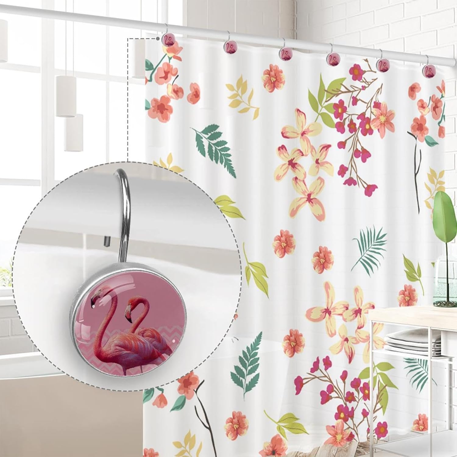 12 Pieces Pink Flamingo Couple Zigzag Shower Curtain Hooks Rings, Stainless Steel Shower Hook Hanger Rings for Bathroom Living Room Bedroom Home Decor
