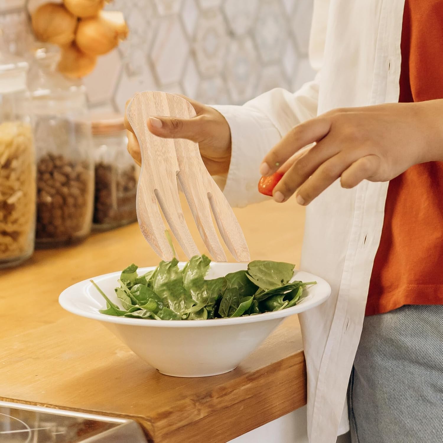 Bamboo Salad Mixing Tool Hand Shape Kitchen Server