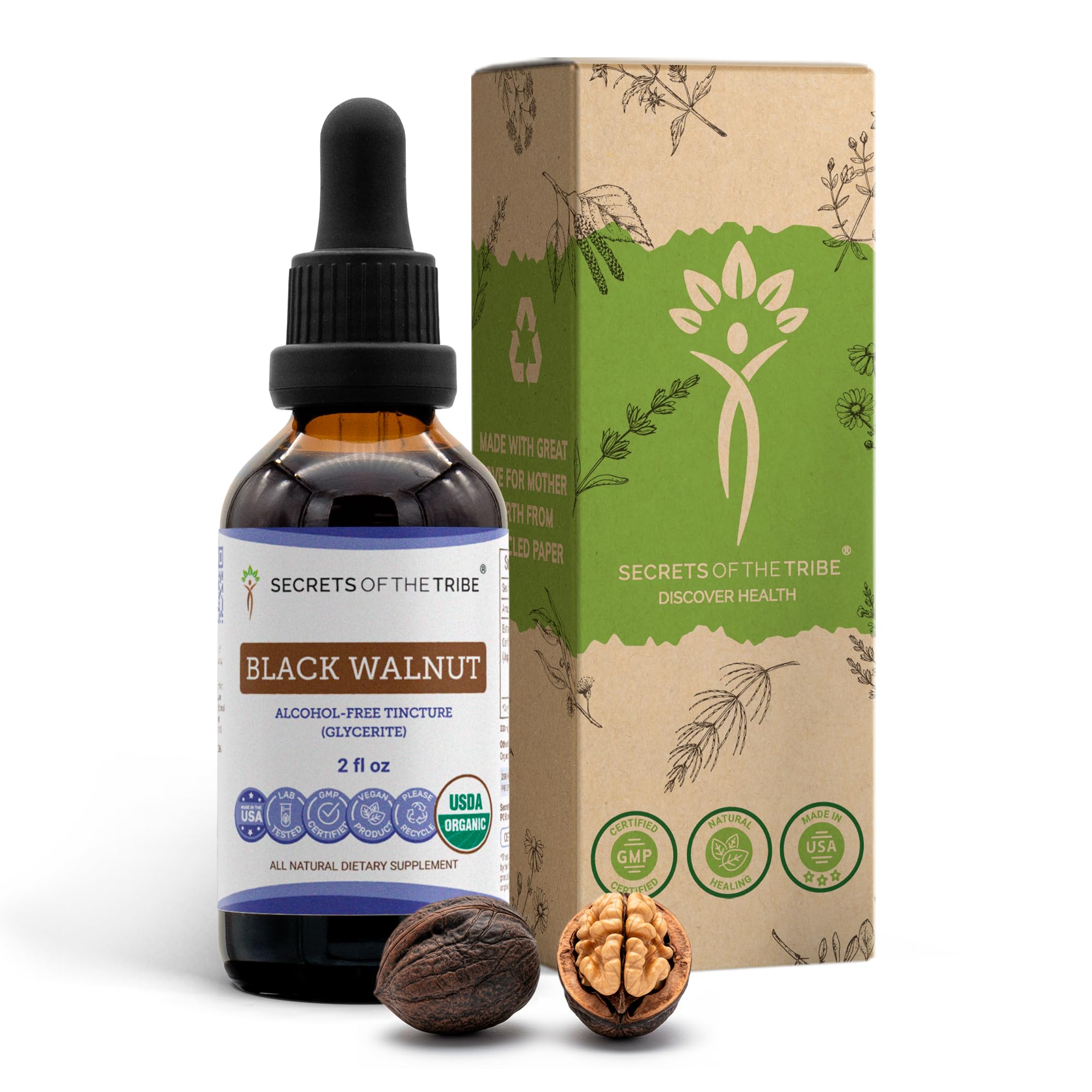 Secrets of the Tribe Black Walnut USDA Organic | Alcohol-Free Extract, High-Potency Herbal Drops | Made from 100% Certified Organic Black Walnut (Juglans Nigra) Dried Hull 2 oz