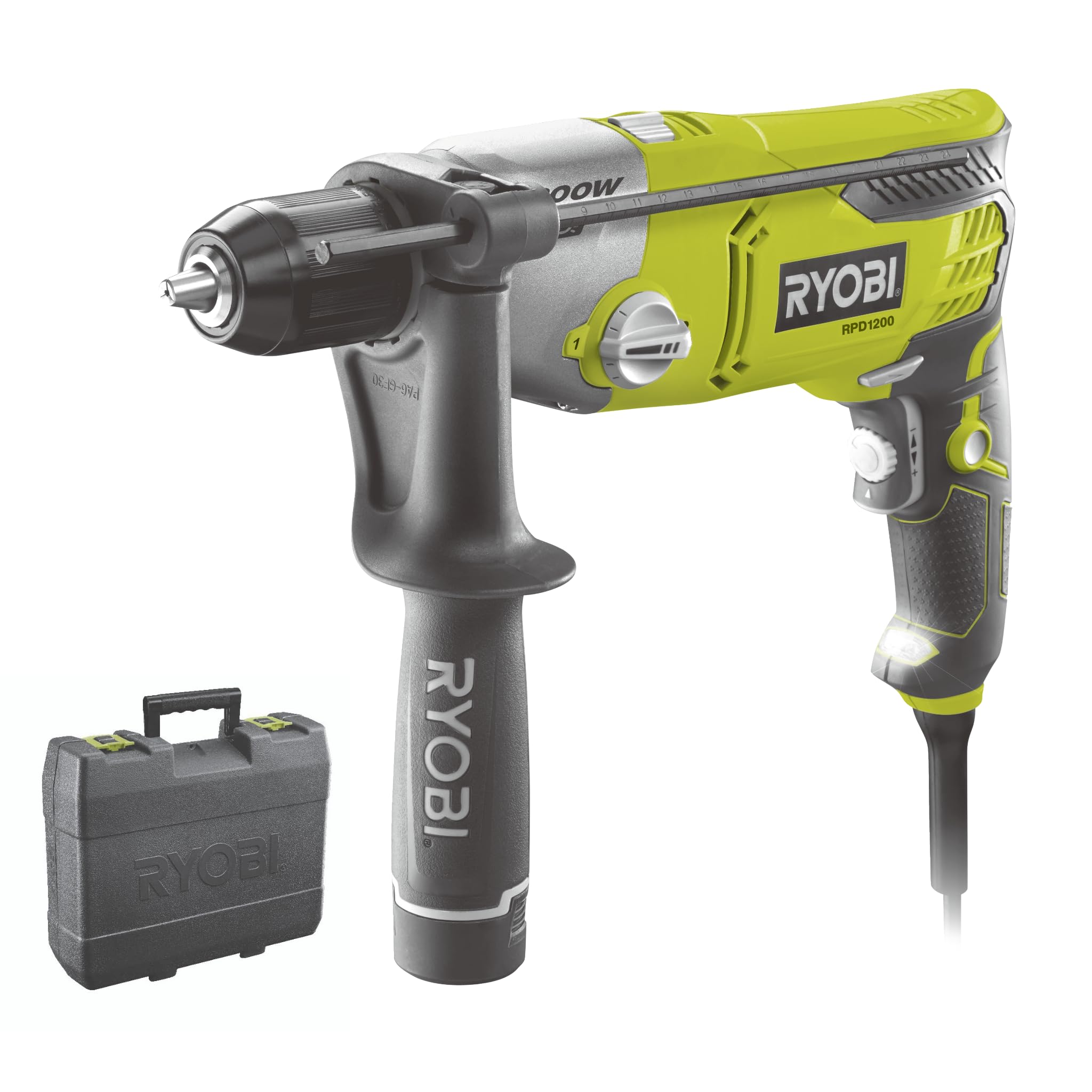 Ryobi Impact Drill with Cable 220V, 1200W - 2 Speed, Rotation Inverter - 13mm Self-Tightening Drill Chuck - Depth Stop - LED - Auxiliary Handle with Drill Chuck - RPD1200-K