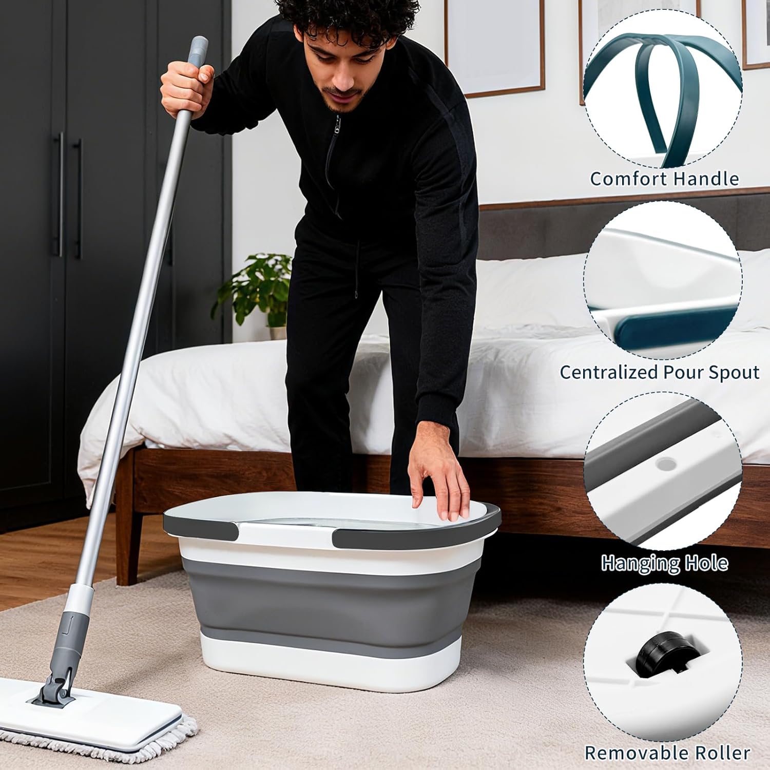 2 Pack Collapsible Plastic Bucket, Large Foldable Cleaning Mop Container, 3.17 Gal Rectangular Portable Water Pail with Handle for House Laundry Fishing Camping Car Washing Storage Green, Grey