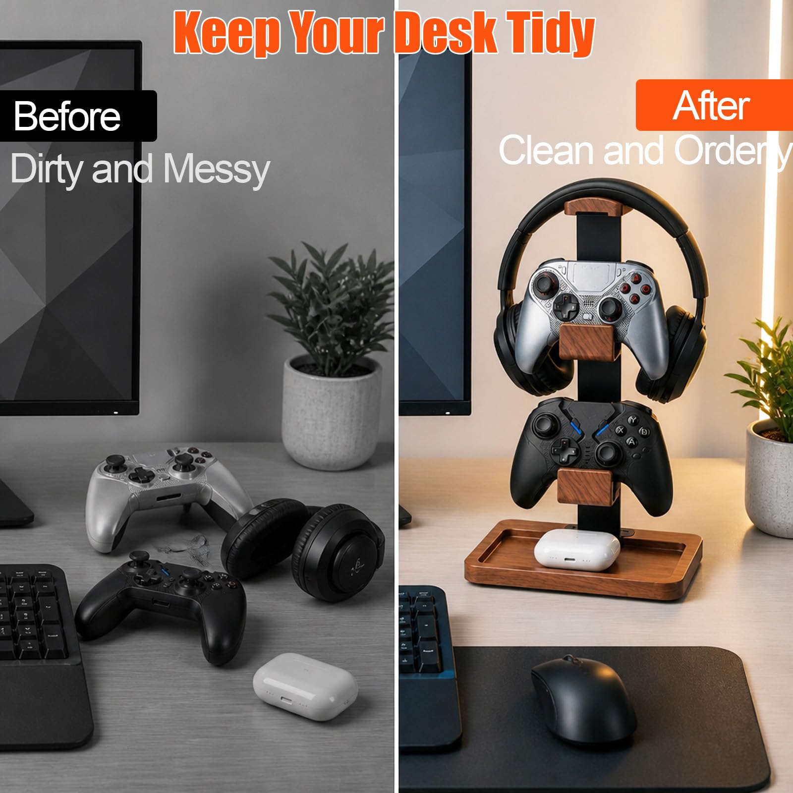 Controller Halter und Kopfhörer Ständer aus Holz, Tisch Headset Halterung mit Aufbewahrungsbasis, Universal Kopfhörerständer Gaming Zubehör