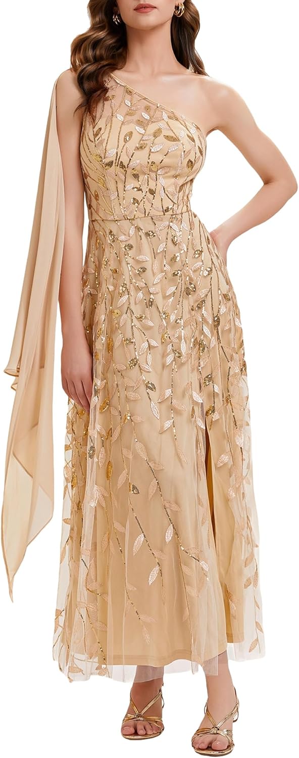 Ever-Pretty Women's One Shoulder Slit Sequin Classy Maxi Formal Wedding Guest Dresses Prom Dress 02486