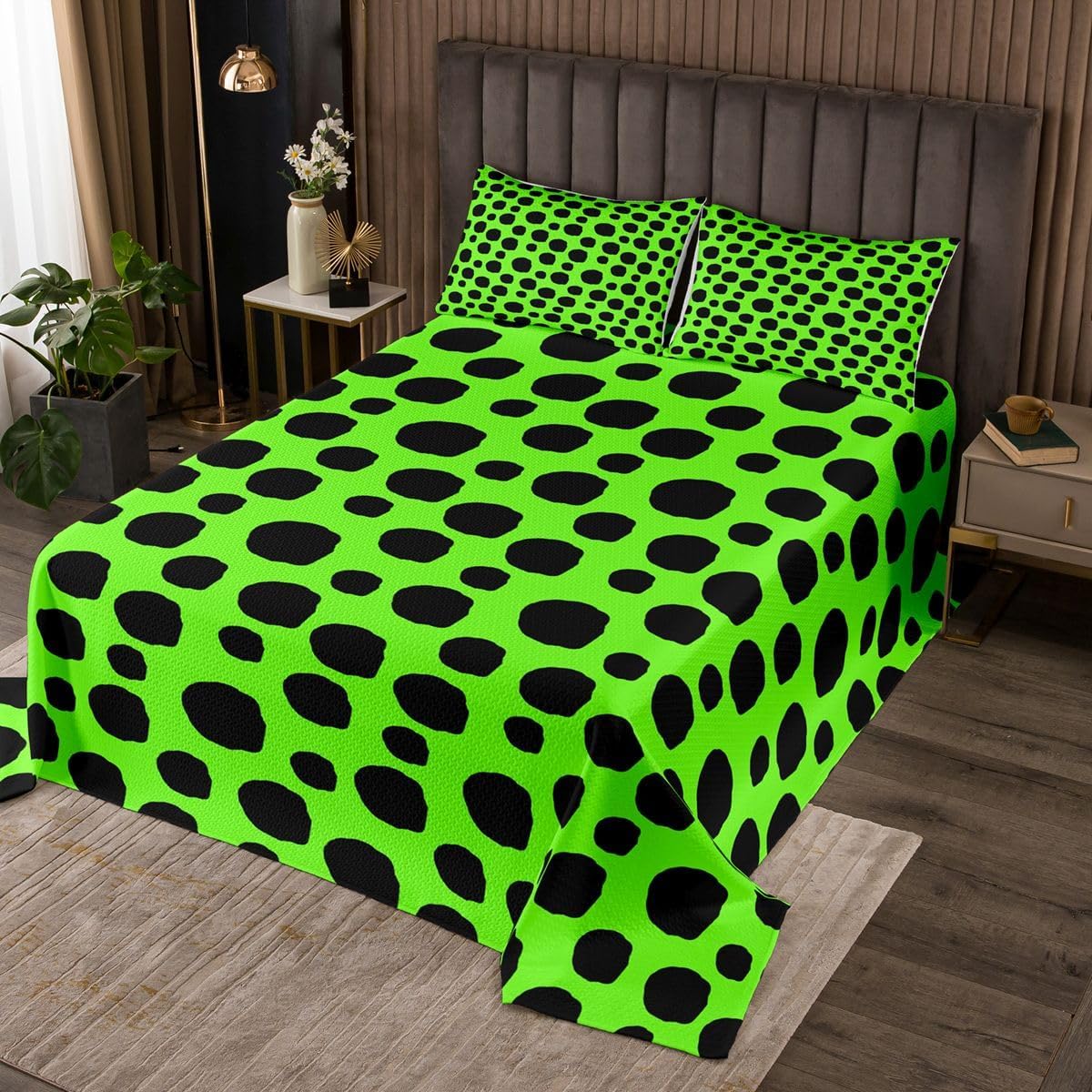 Castle Fairy Polka Dots Kids Bedspread Queen Size,Abstract Geometric Circles Print Coverlet Set,Teens Women Bedroom Decor,Modern Simple Art Style Quilted Coverlet,Green Bedding Quilt,2 Pillowcases