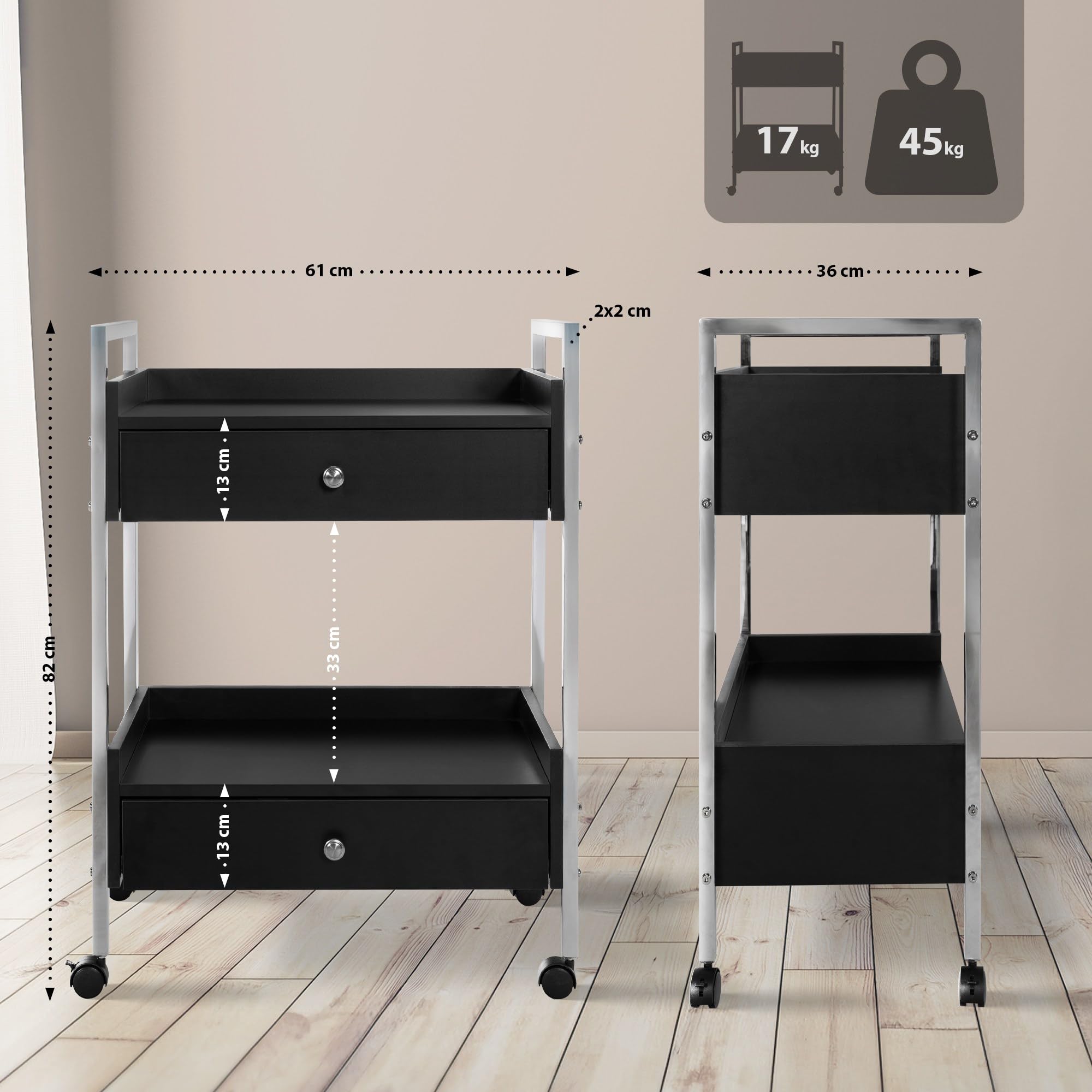 CLP Carrello Multiuso di Lusso I Carrello Multiuso su rotelle I Carrello con Due cassetti e Ripiani, Colore:Nero