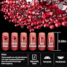 Rhinestones for Nails, Manicure Kit with Nail Rhinestone Glue Gel, Multi Shapes Red Glass 3D Nail Charms + Flatback 2-5mm Round Beads & Gem Glue for Nails (UV/LED Needed) with Pickup & Dotting Tools