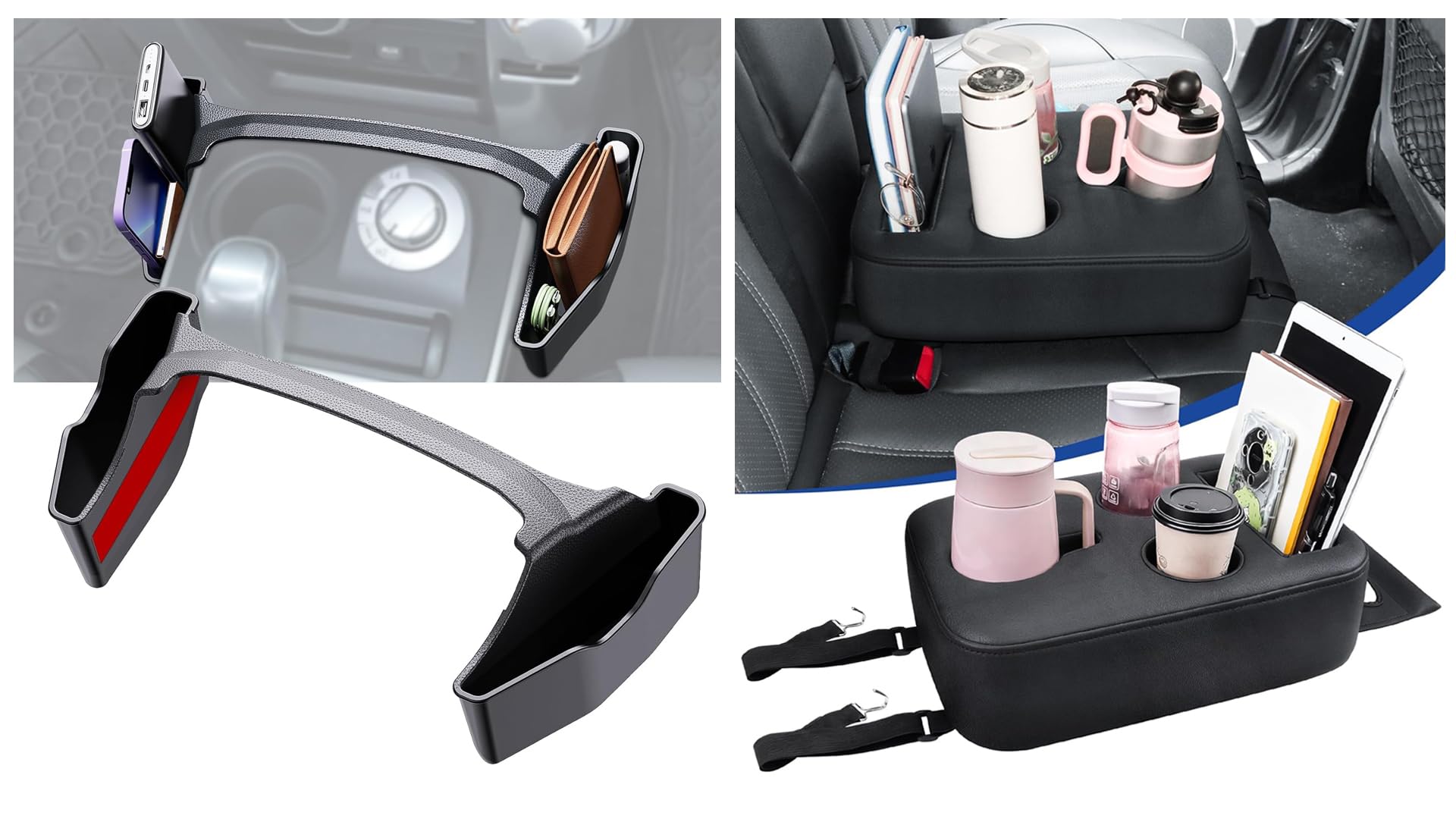 Sinvanho 2010-2024 Toyota 4Runner Gear Shift Console Side Tray & Upgraded Car Cup Holder with Dual Secure Straps, Shifter Storage Box