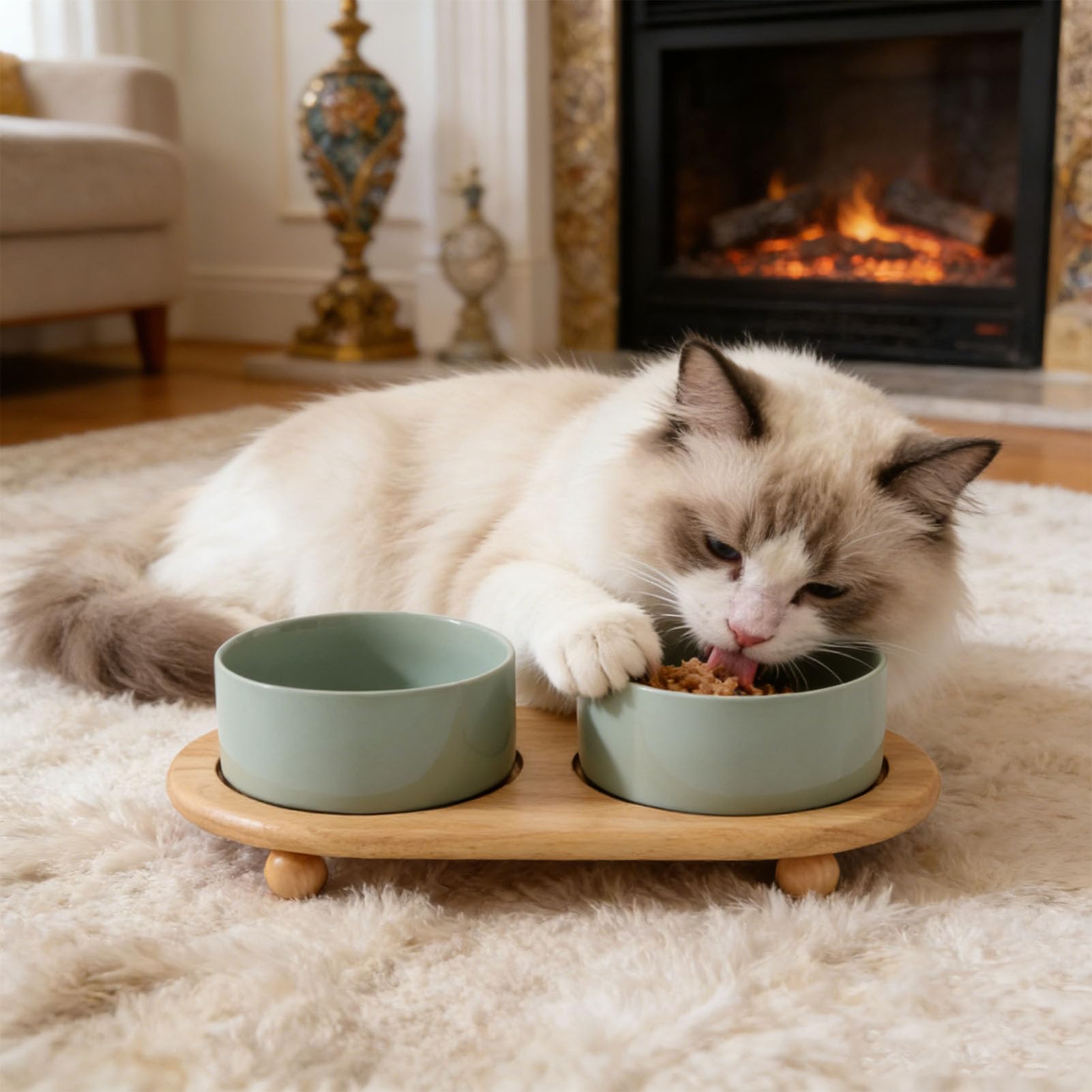 Haofy Gamelle Surélevée en Céramique pour Chat, Double Gamelle avec Support en Bois pour Chat, Surélevée pour Nourriture et Eau pour Empêchant Le Basculement, (400ml)