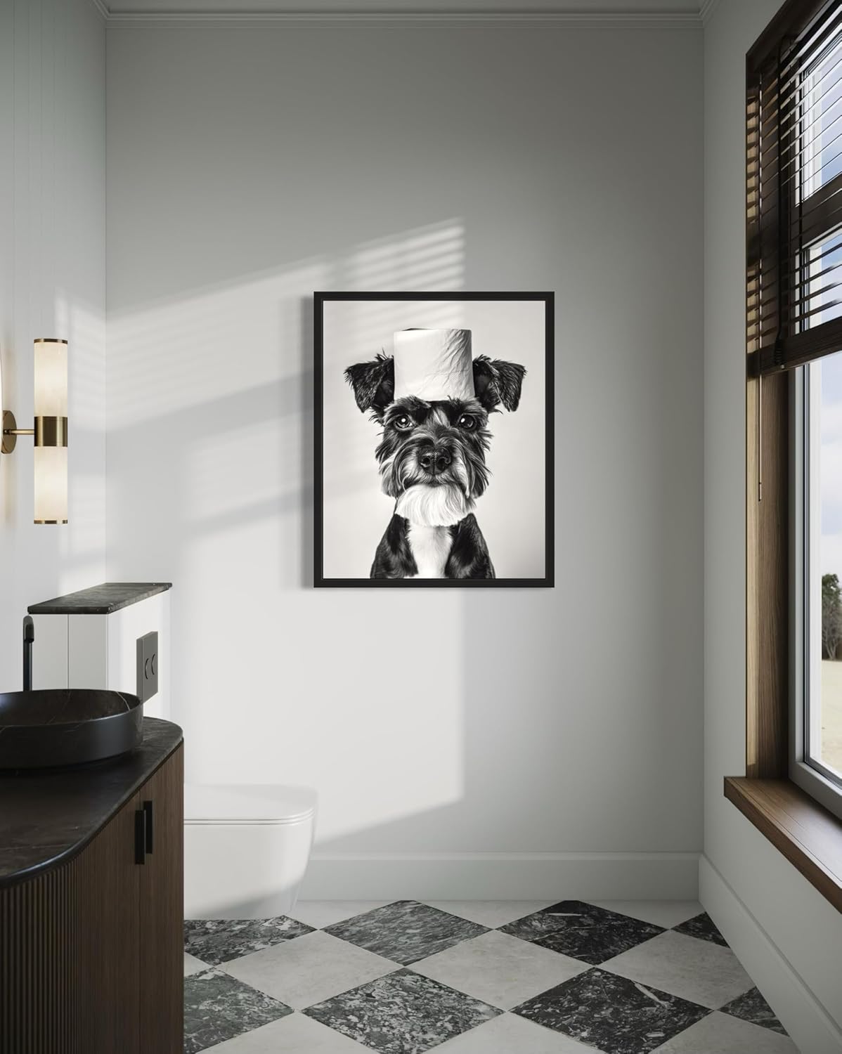 aj decor Schnauzer Funny Bathroom Wall Art Print Poster, Dog Pet Lover Picture Painting Artwork Bedroom Living Room Office Dining Room 151H (Schnauzer Funny Bathroom, 16 x 20 inches, Black Frame)