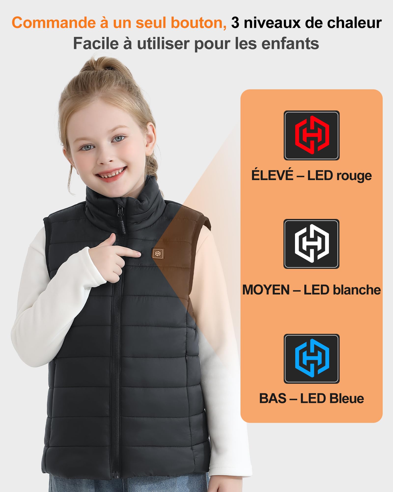 Gilet Chauffant Enfant Avec Batterie Incluse 12000mAh 7.4V, Électrique Veste Chauffante Enfant Avec 5 Zones De Chauffage, Gilet Chauffant Pour Garçons Et Filles Pour Plein Air Sports Hiver -XL