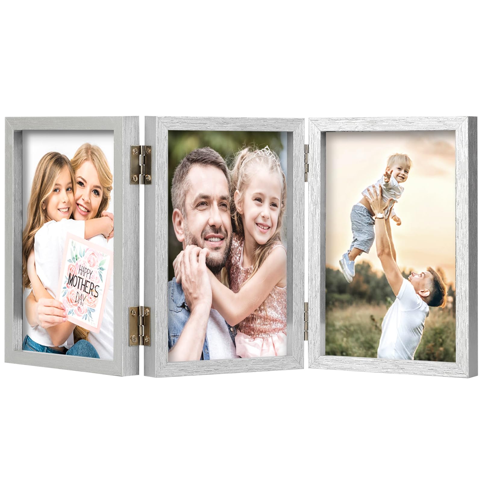 3 Picture Frame 4x6 Silver Triple Hinged MDF Wood with Glass Front