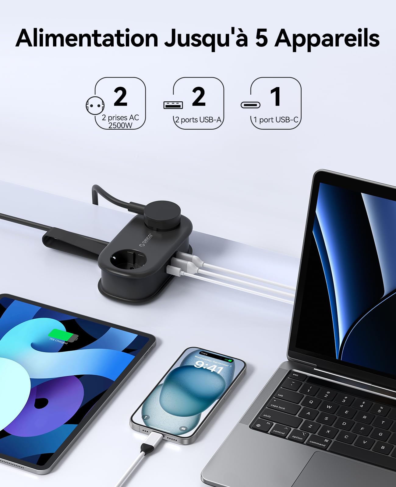 ORICO Schwarz + Lila Mehrfachsteckdose mit USB C, Ladeanschlüssen Kompatibel für das Home Office auf dem Schiff (AP3-2A2U1C+ PDC-2A2U2C)