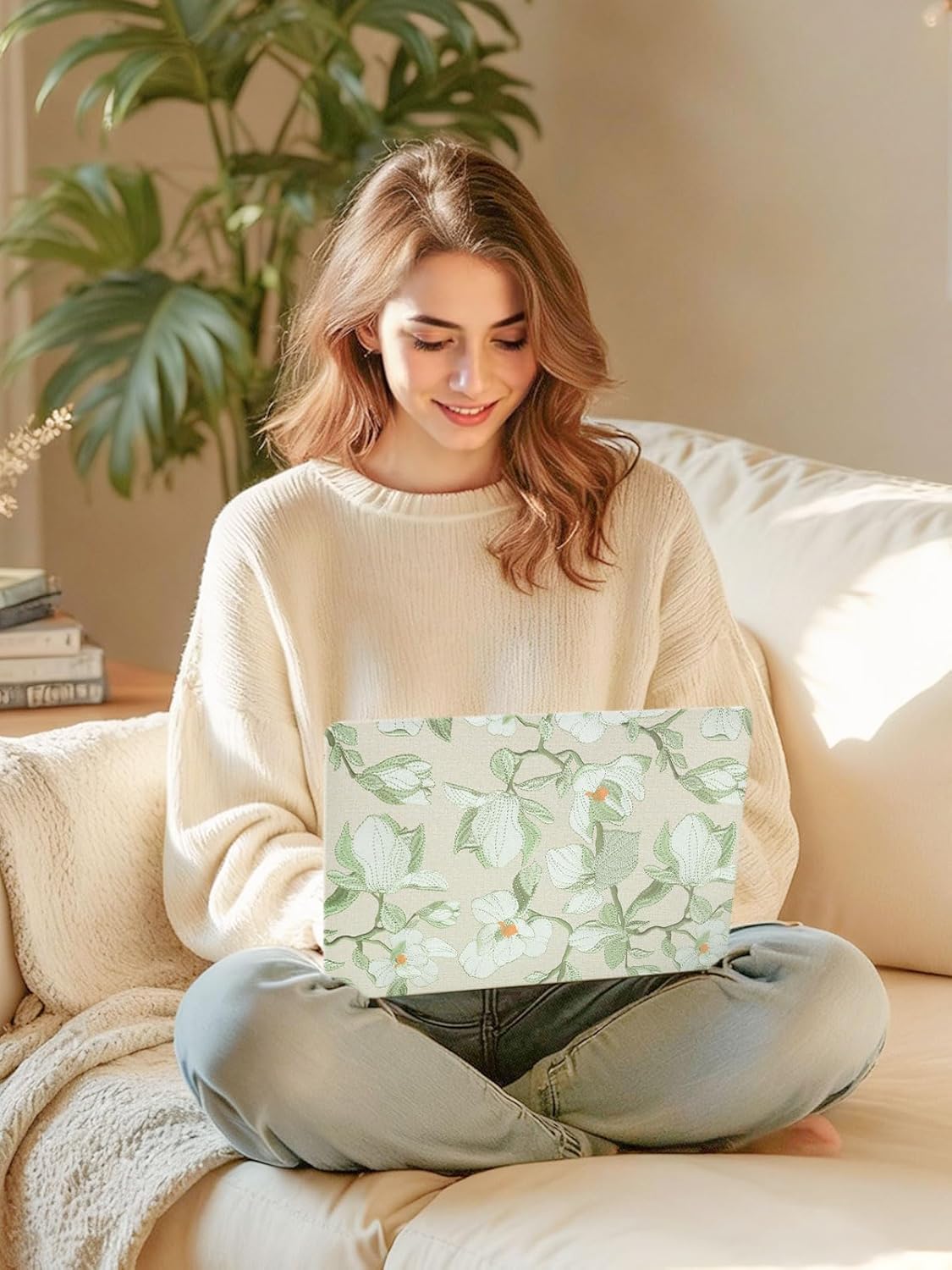 Seorsok Compatible with MacBook Pro 13inch Case M2 2023,2022,2021-2016 A2338 M1 A2251 A2289 A1989 A1708 A1706,Elegant Blooming Woven Floral Pattern Leather Plastic Hard Shell Case&Keyboard Cover,Green - Image 7