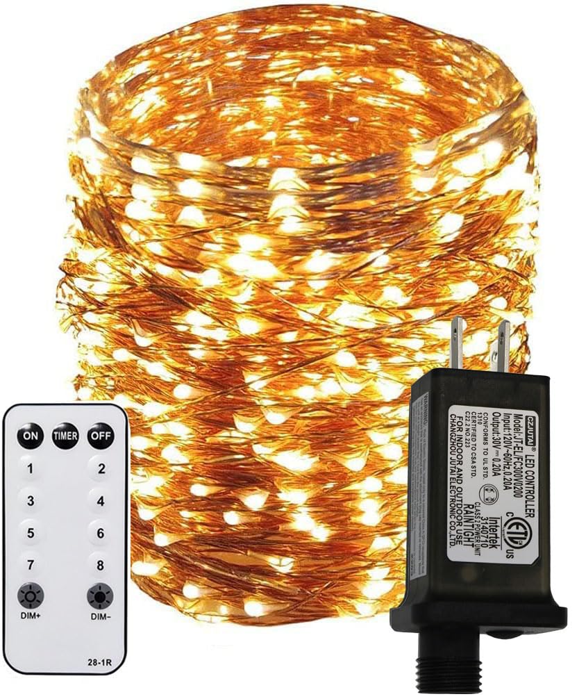 Dreamworth 8 Lighting Model Plug in Led String Lights, 1000 Led Fairy Starry Lights on 328ft/100M Copper Wire String Lights + Power Adapter +Remote Control for Christmas(Warm White)