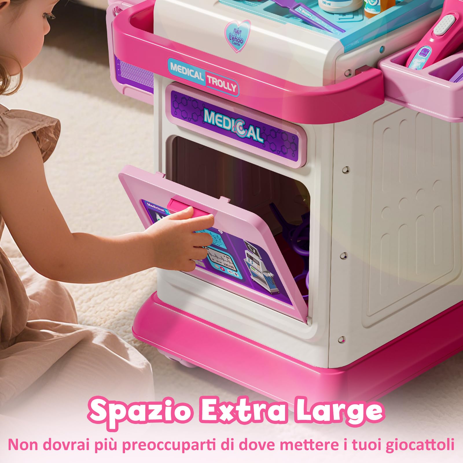 Lehoo Castle Kit Dottoressa Bambina, Carrello Medico Giocattolo, Valigetta Dottore Bambini, Kit Dottore Bambino, Regalo Bambina 3 Anni(Rosa)