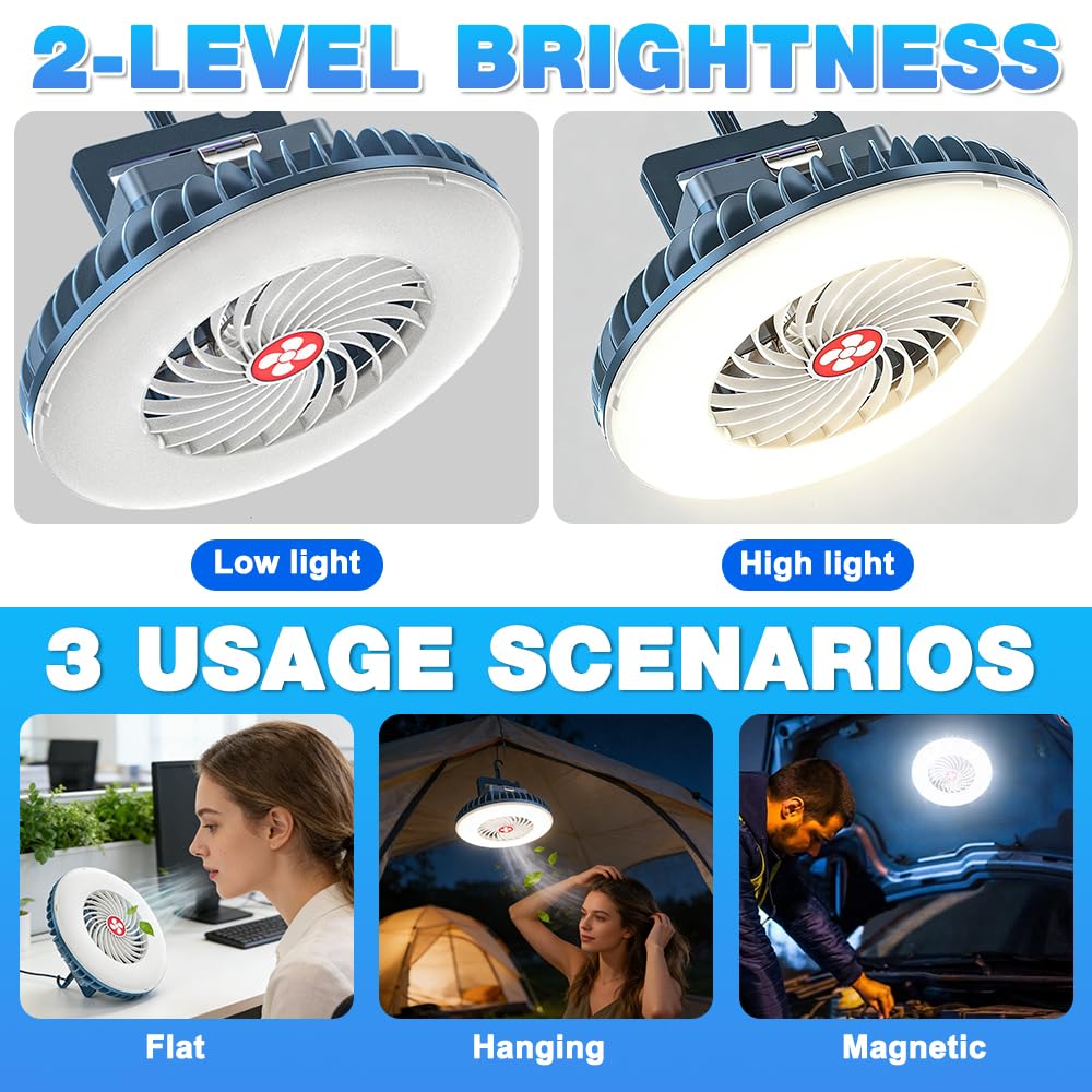 Tragbarer LED Campinglampe mit Ventilator, USB Aufladbar Camping Ventilator mit Licht, Magnetisch Zeltlampe Outdoor Camping, Camping Zubehör für Wandern Angeln Strand Wohnwagen Camper Auto