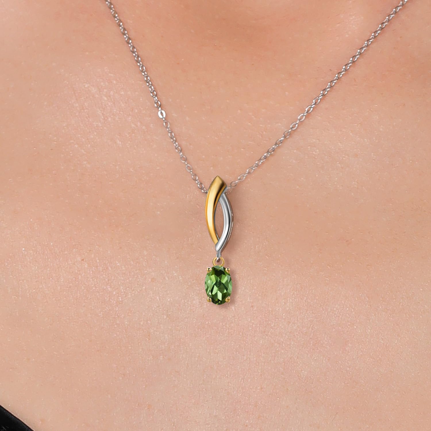 Gem Stone King 925 Silver and 10K Yellow Gold Green Tourmaline Pendant Necklace for Women | 0.50 Cttw | Gemstone October Birthstone | Oval 6X4MM | With 18 Inch Silver Chain - Image 3