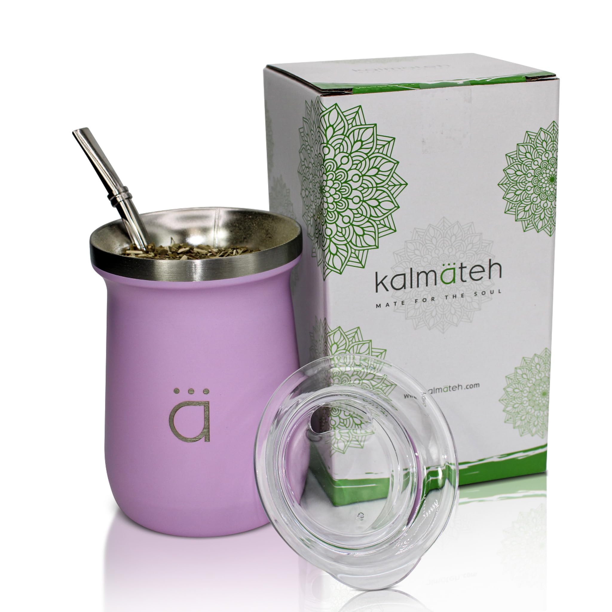 KalmatehNew Yerba Mate Gourd - Double Walled 18/8 Stainless Steel Mate Cup- Includes Bombilla Straw and a Cleaning Brush-10oz (Pink)