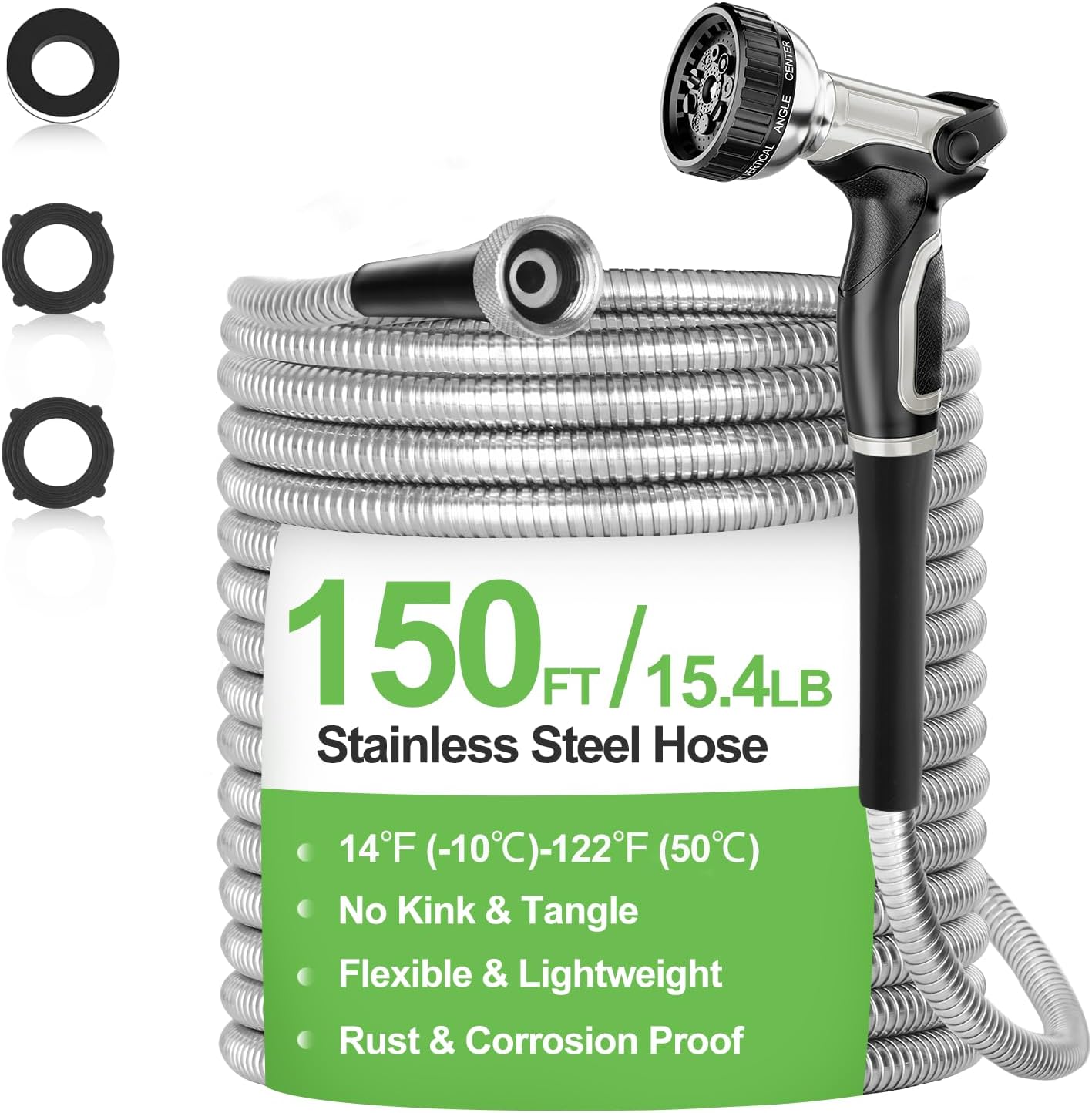 Garden Hose Metal 50 ft, Stainless Steel Water Hose with Upgrage Aluminum Nozzles, Flexible | Heavy Duty | Lightweight | No Kink | Anti-Bite Hose for Yard,RV Park, Outdoor Watering
