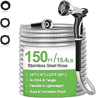 Vista 9 de Manguera de jardín de metal de 100 pies, manguera de agua de acero inoxidable con boquillas de aluminio Upgrage, flexible, resistente, ligera, sin