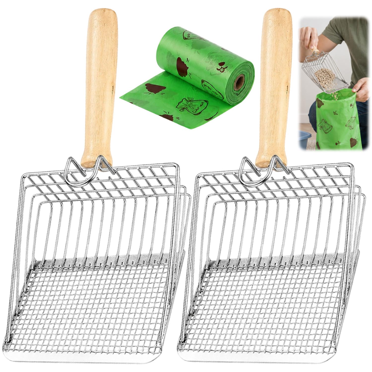 2 PCS Cat Poop Scoop, Metal Litter Tray Scoop with Poop Bag for Dog Rabbit