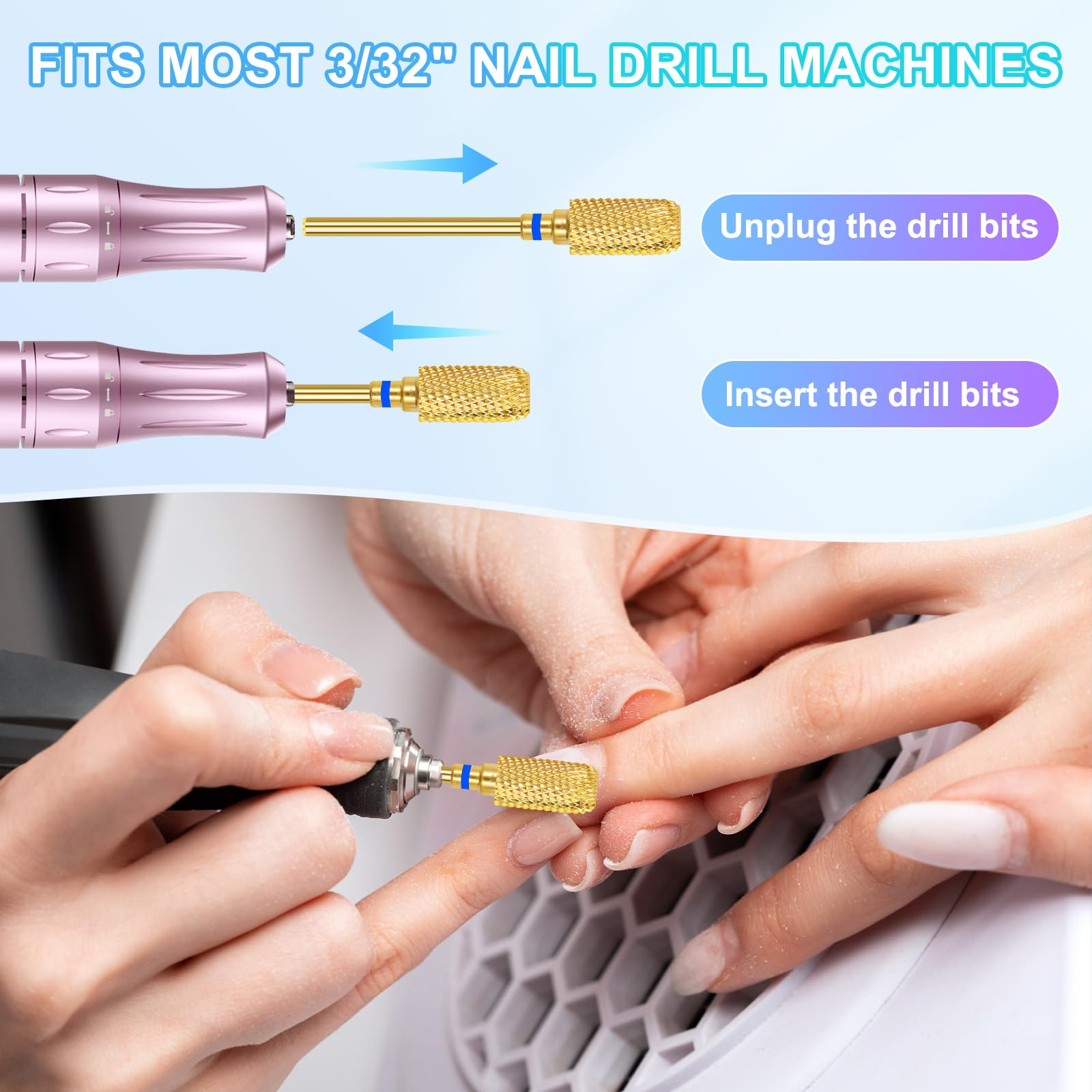 CGBE Fresas Torno para Uñas, 5 Piezas Brocas para Uñas Oro Profesional para Quitar Gel Acrílico Cutícula, 3/32 Pulgadas Broca Manicura Carburo de Tungsteno para Preparación de Uñas, Juego-B