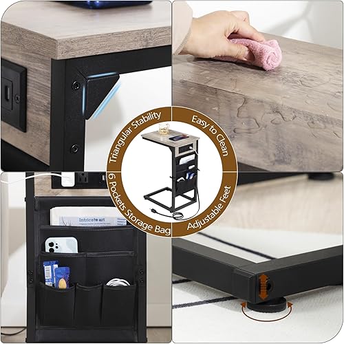 Miniatura 21 de AMHANCIBLE HET04CBK - Mesa auxiliar en forma de C con estación de carga, juego de 2 bandejas de TV, mesas de sofá con bolsa de almacenamiento, mesa