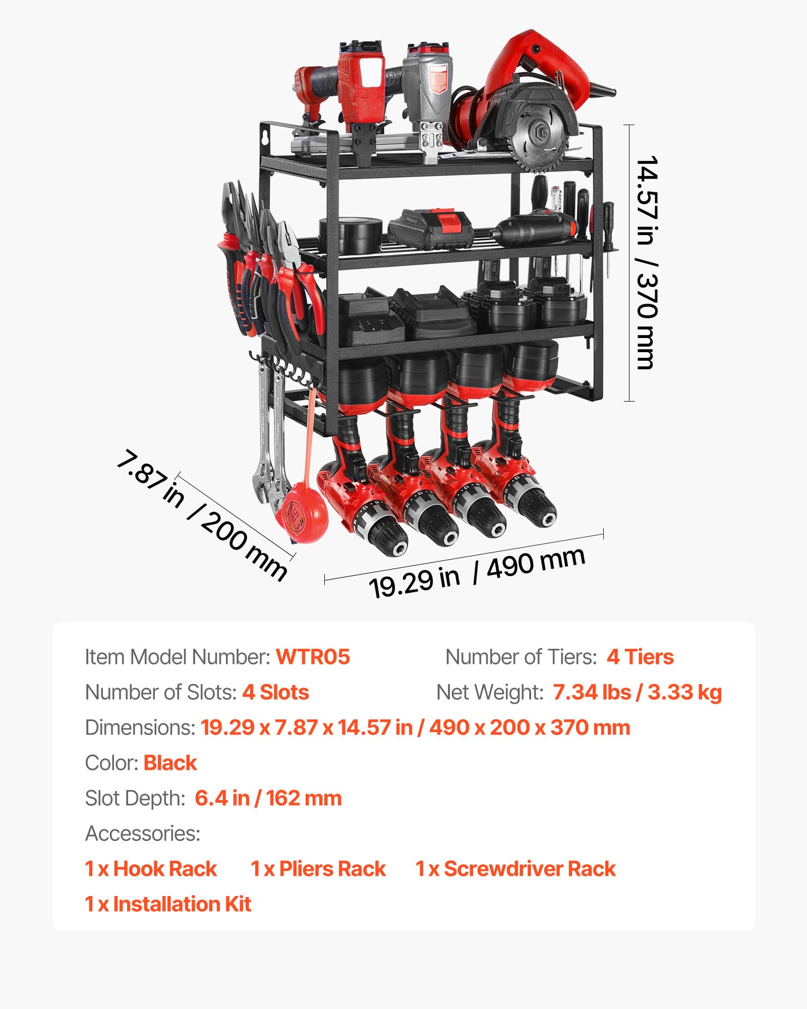VEVOR Scaffale per Utensili Elettrici da Parete, Portautensili da Parete per Trapani a 4 Livelli con 4 Supporti per Trapano, Portaoggetti con Supporto per Cacciavite, per Utensili da Garage Officina