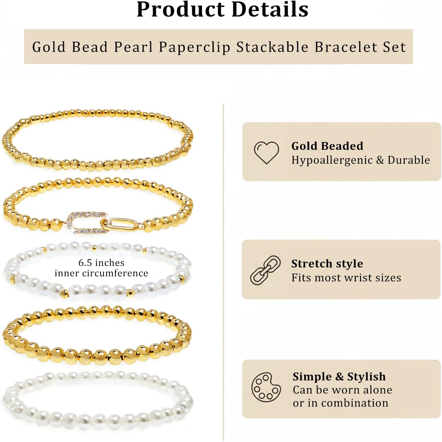 Gold Beaded Bow Heart Paperclip Pearl Stack Bracelet Set for Women, 4Pcs Handmade Golden Beads Pearls Stretch Stackable Bracelets Party Jewelry Accessories Gift - Image 5