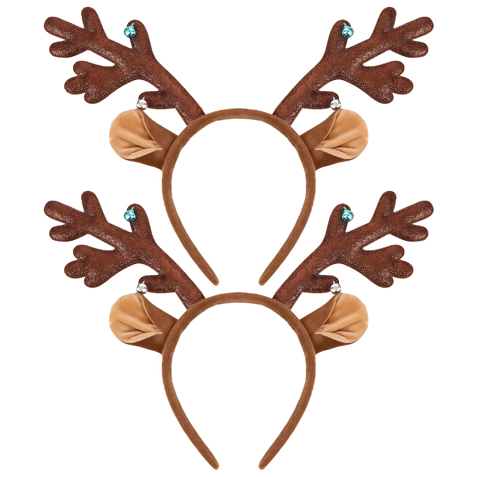 XNFUOE 2pcs Brown Antlers Headband Reindeer Glitter Antlers Head Bopper for Christmas Costume Festive Hair Accessory