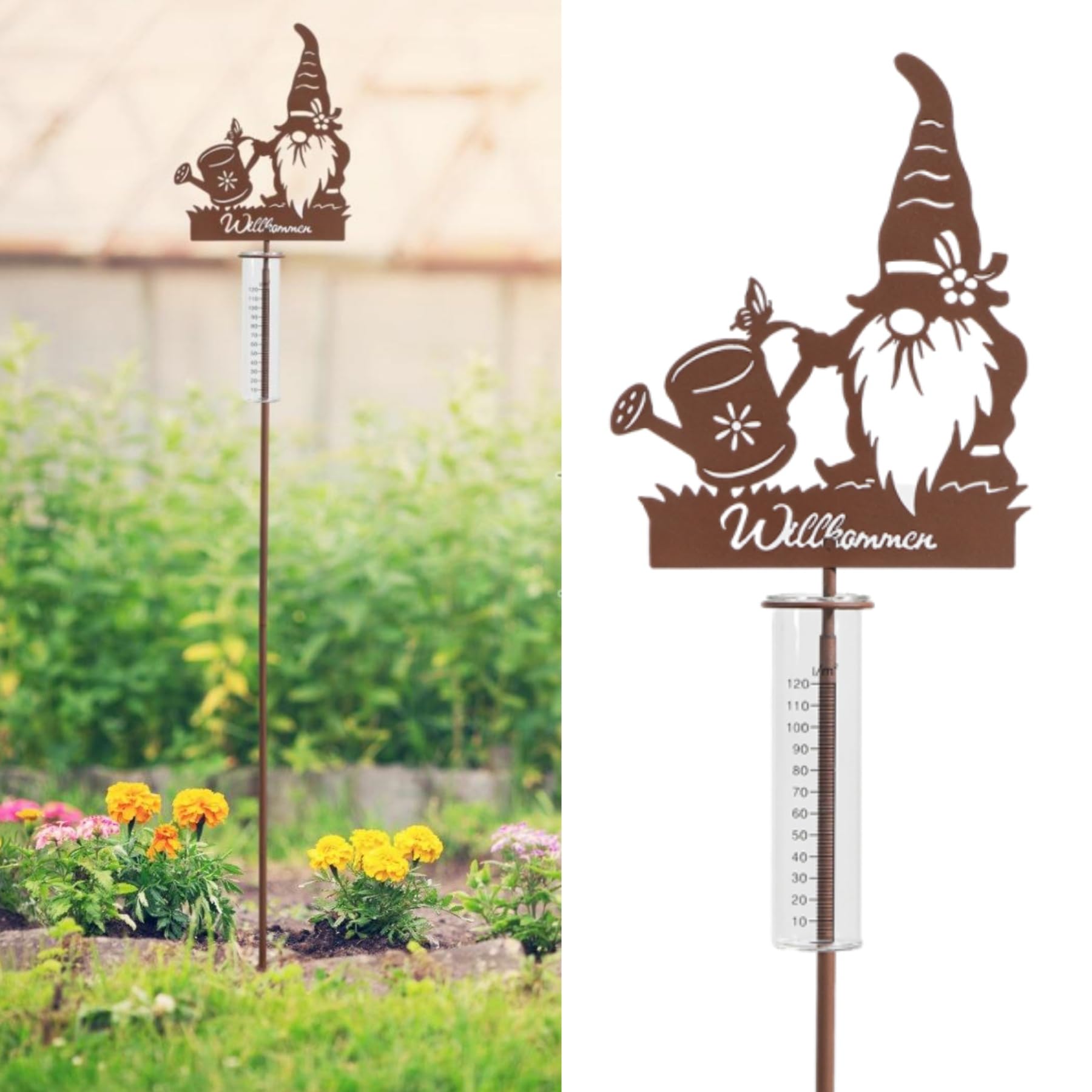 Pluviometro da giardino decorativo 100 cm vetro con picchetto e nano benvenuto