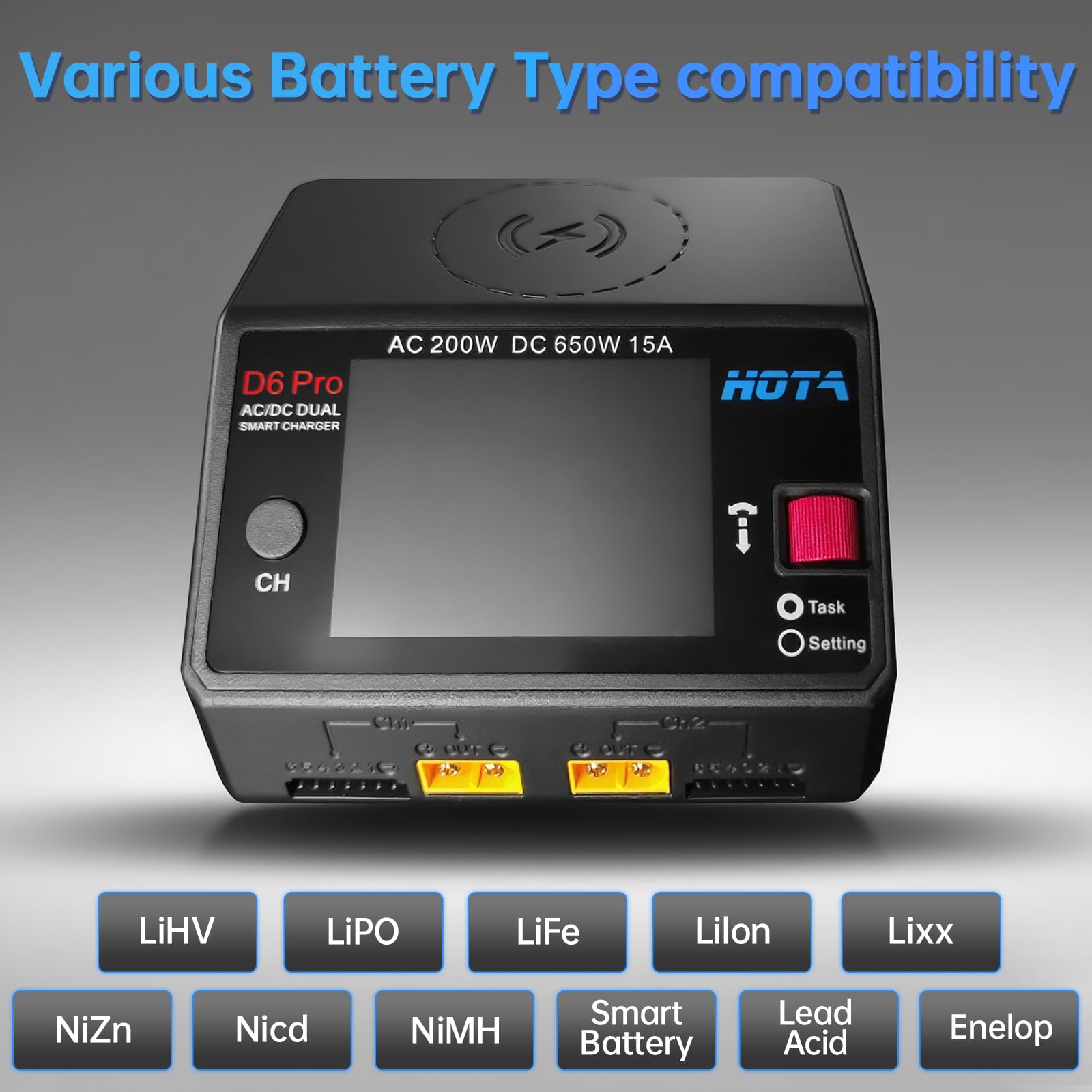 HOTA D6 Pro Lipo Caricabatterie intelligente a doppio canale AC200W DC650W 15A per LiHv Nicd NiMH Lipo RC Caricabatterie con Balance Phone Ricarica wireless RC Auto RC Barca FPV Race Drone Parti Nero