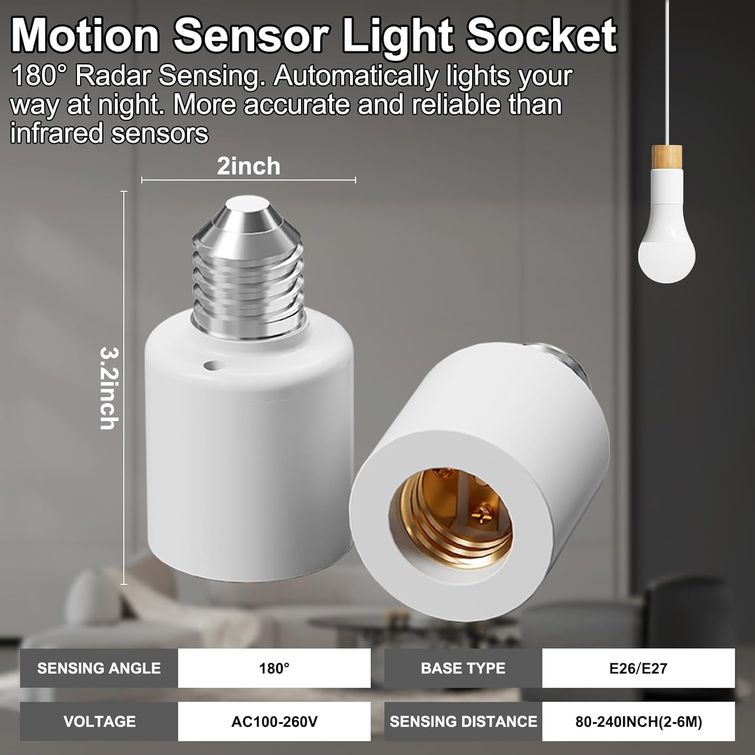 Motion Sensor Light Socket with Dusk to Dawn, Auto On/Off E26/E27 Smart Light Socket Adapter, Screw-in Motion-Activated Lamp Holder for Garage, Porch, Yard, Storage Room, 2-Pack