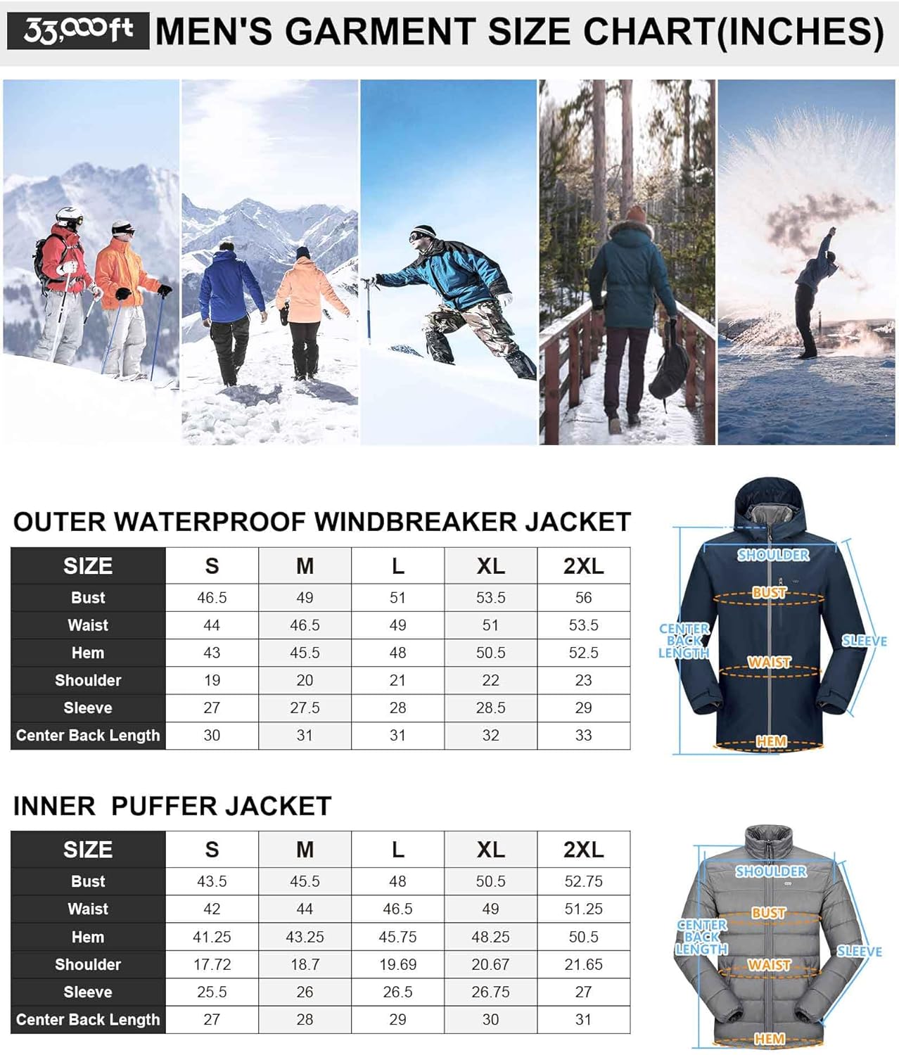 33,000ft Men's Waterproof 3-in-1 Ski Jacket, Warm Mountain Windbreaker Snow Rain Jackets Winter Coat with Puffer Jacket - Image 7