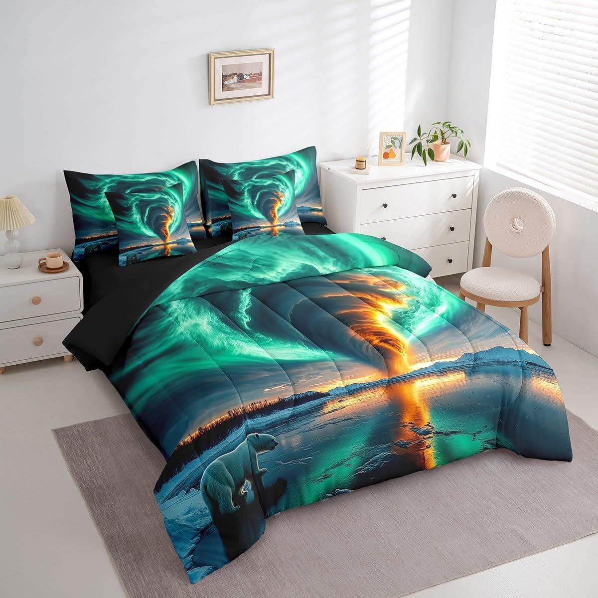 Erosebridal Aurora Tornado Comforter Set Full for Boys,Turquoise Northern Light Bedding Set 7Pcs for Kids Adults,Polar Bear Bed in a Bag,Gradient Tornadoes Quilt - Image 3