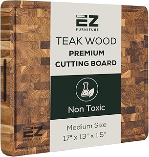 Medium (M) Teak Wood Premium Cutting & Serving Board, Knife Friendly, Pre-Oiled End Grain with Juice Groove & Handles, Non-Toxic (17" x 13" x 1.5", 8.38 lbs)