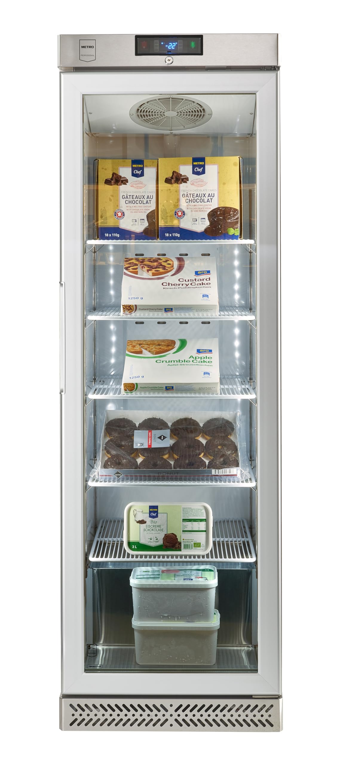 METRO Professional Vetrina congelatore GSC240N, acciaio inox/vetro, 59.5 x 64 x 188.5 cm, 240 L, raffreddamento ad aria, 550 W, con serratura, argento