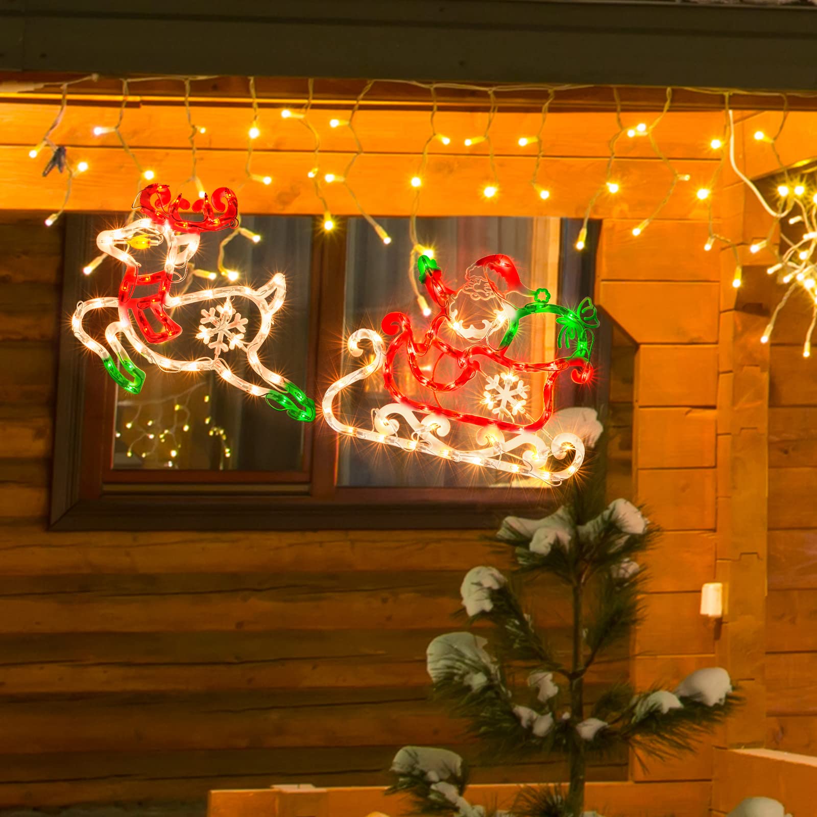 LAMPHOME Santa iluminada en trineo con renos, decoración de silueta de ventana de Navidad, decoración de ventana de Navidad, decoración de ventana para Navidad, fiesta, hogar, patio, césped, jardín