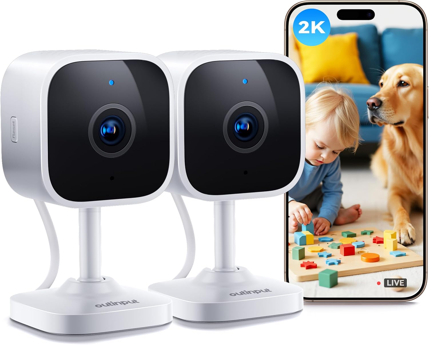 Outinput Indoor Security Camera, 2K WiFi Home Camera for Baby Monitor/Pet/Dog, Motion Detect, Night Vision, 2-Way Audio, Instant App Alerts, Cloud & Local Storage, Share to Family 2-Pack (White)