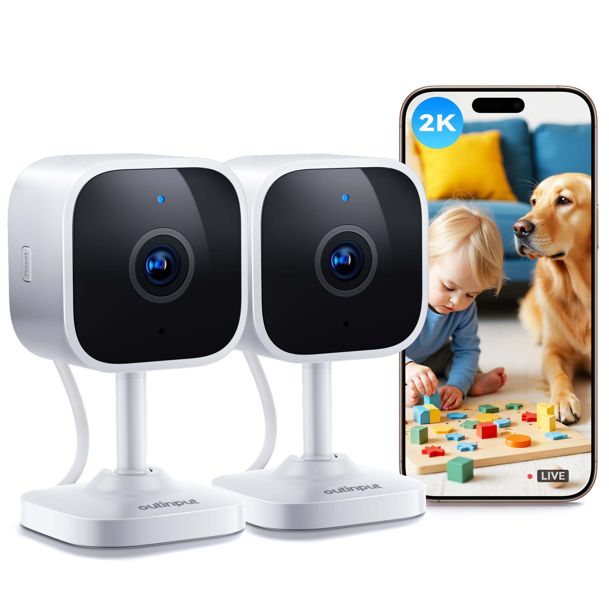 Outinput WiFi 2K 3MP Do Monitoringu Wewnętrznego, Kamera Do Obserwacji Zwierząt, Czujnik Ruchu i Dźwięku, Tryb Nocny, Dwukierunkowy Dźwięk, Kontrola Aplikacji (2-Pack)
