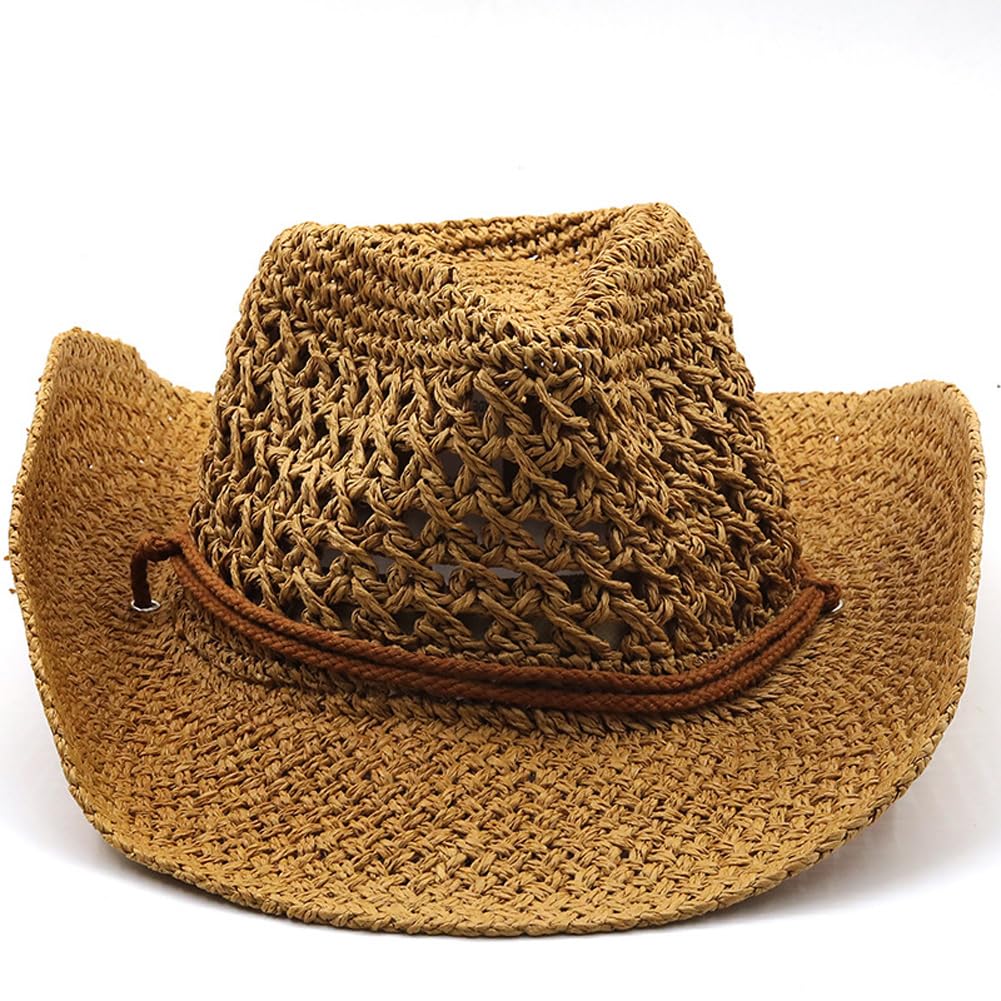 Unisexe Chapeau de Paille Été Réglable Chapeau de Cowboy Ajouré Panama Western Pliable Chapeau de Soleil pour Plage Voyage Vacances Camping Pêche Large Bord Anti-UV Homme Femme Casquette Visière
