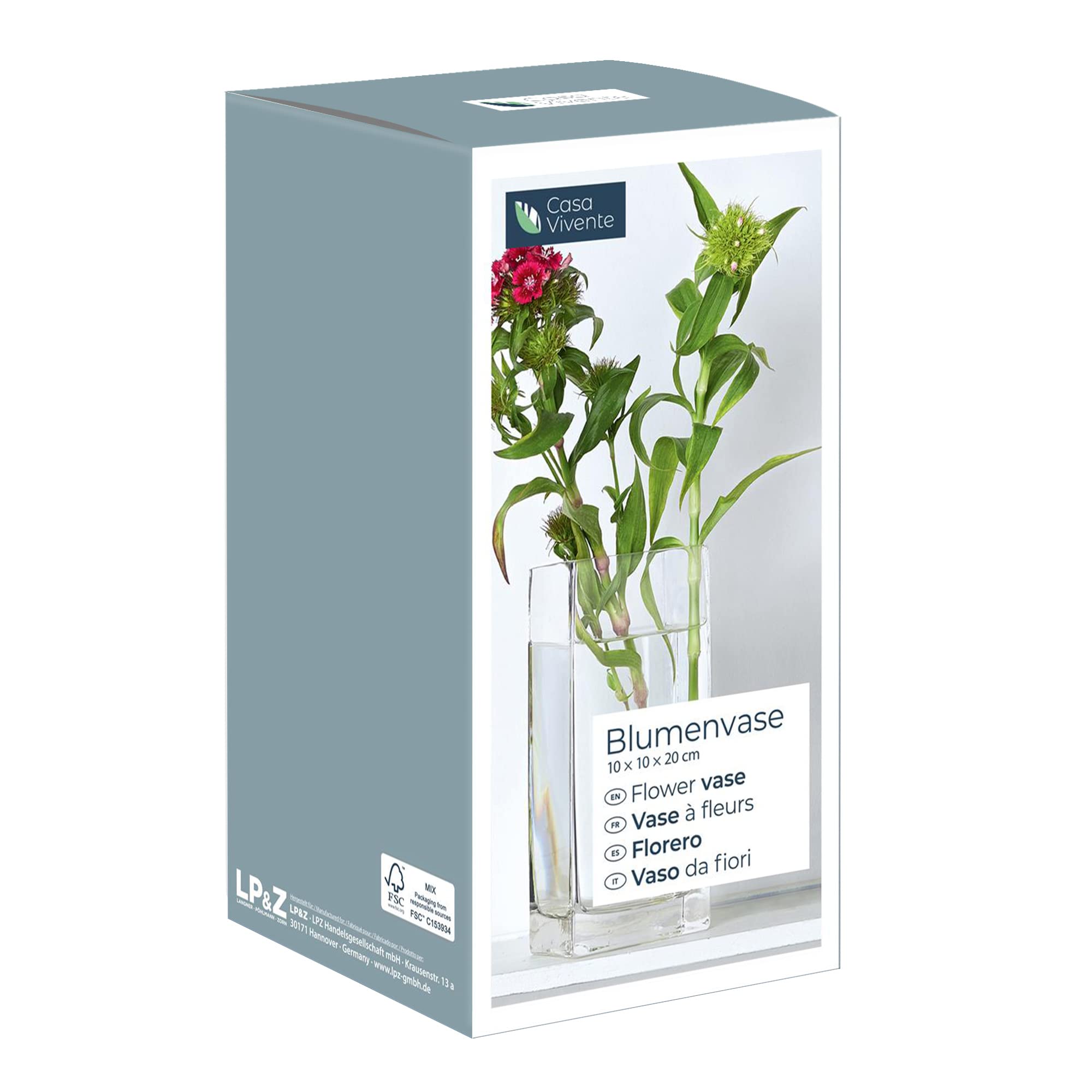 Eckige Blumenvase aus Klarglas, Glasvase für Schnittblumen, Deko-Vase zum Geburtstag oder zum Muttertag