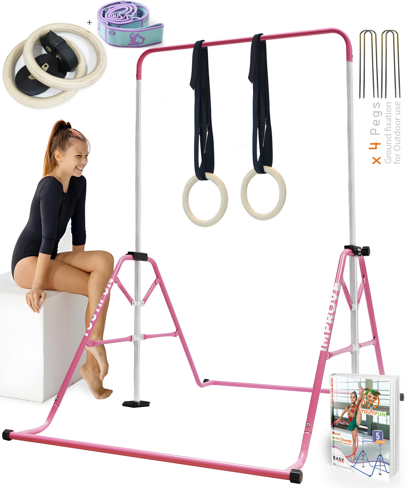 YOUTIFUN Gymnastics bars Sets, Foldable Gymnastic bar a 5 Heights Adjustable Gym bar for kids from 3 to 12, ideal Indoor Outdoor gymnastics equipment, 62" (Steel/Fiberglass) Gymnastics bar kids set