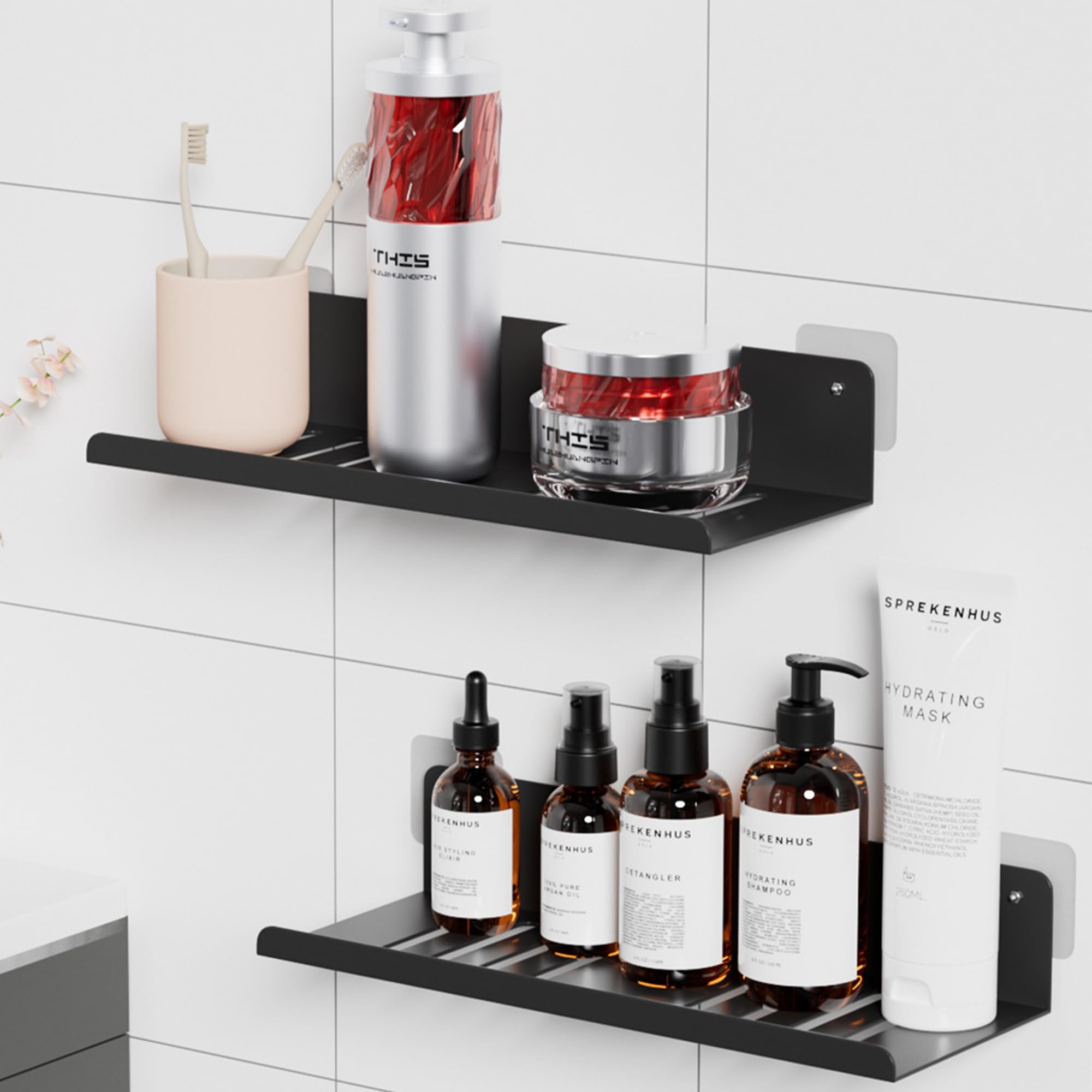 MUUKAIII Mensola Doccia Senza Foratura 2 Pezzi Mensola Bagno Nera Opaca 30cm Porta Sapone per Doccia Mensole Bagno Inox Portaoggetti Doccia per Accessori Doccia