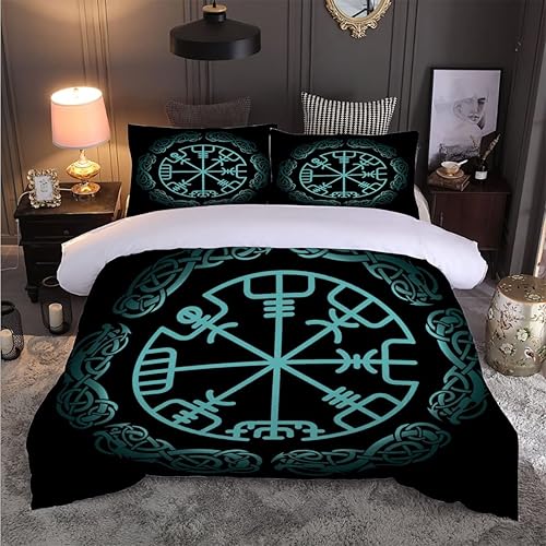 Miniatura 4 de Juego de funda de edredón 3D con patrón de brújula de navegación vikinga con 2 fundas de almohada, funda de edredón de microfibra con cierre