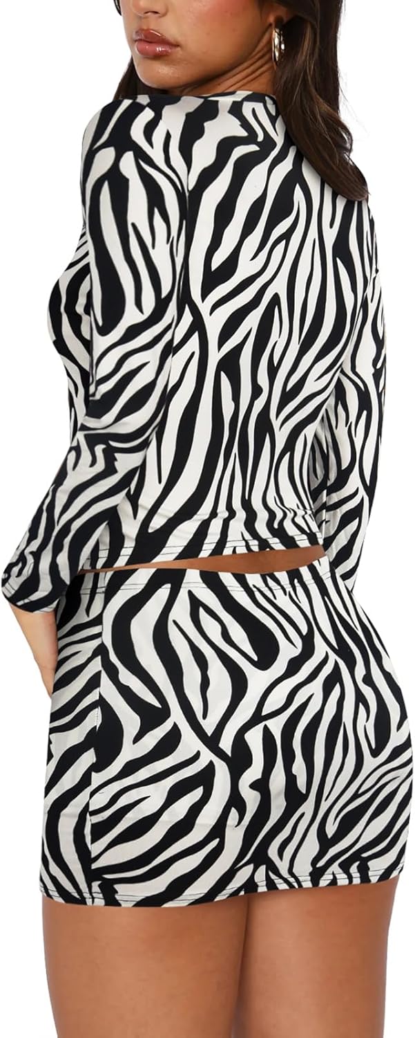 Women's Two Piece Skirt Sets - Long Sleeve Crop Tops and High Waisted Mini Y2K Bodycon Pencil Skorts Skirts with Shorts - Image 4