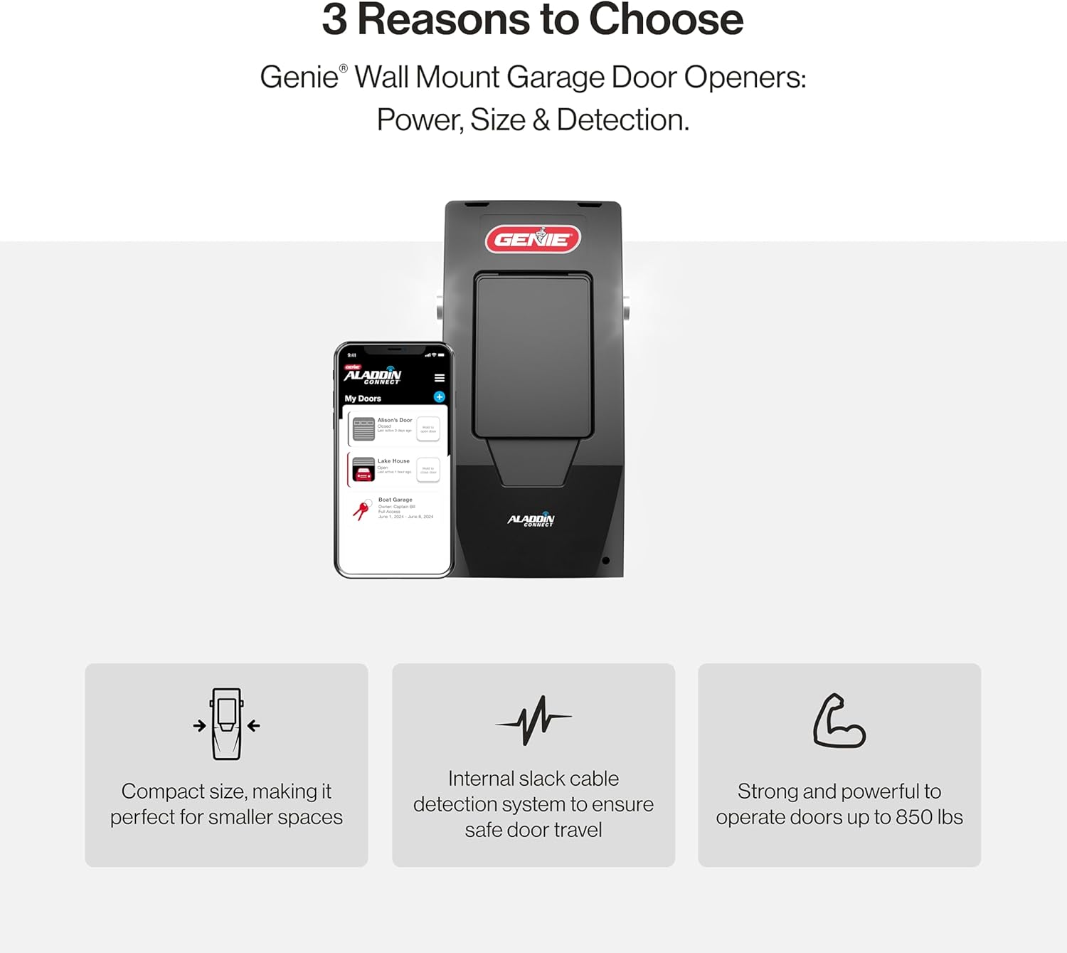 Genie 6172H-O Wall Mount Smart Garage Door Opener with Aladdin Connect, Wall Mounted Compact Space Saving Opener