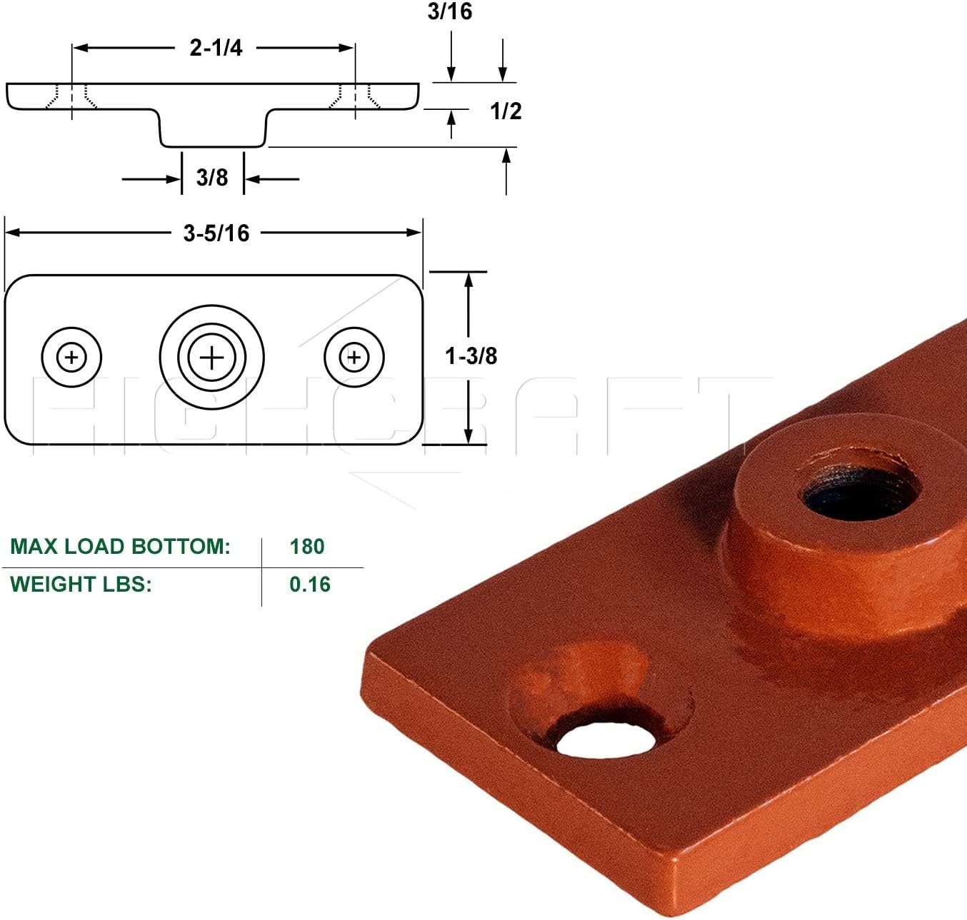 Highcraft PLTC38-20 Ceiling Flange; Hanger Plate for 3/8 in. Threaded Rod (Not Pipe), for DYI Plumbing and Industrial Decor, 1-3/8 W x 3-5/16 L, Copper Epoxy Coated Iron (Pack of 20)