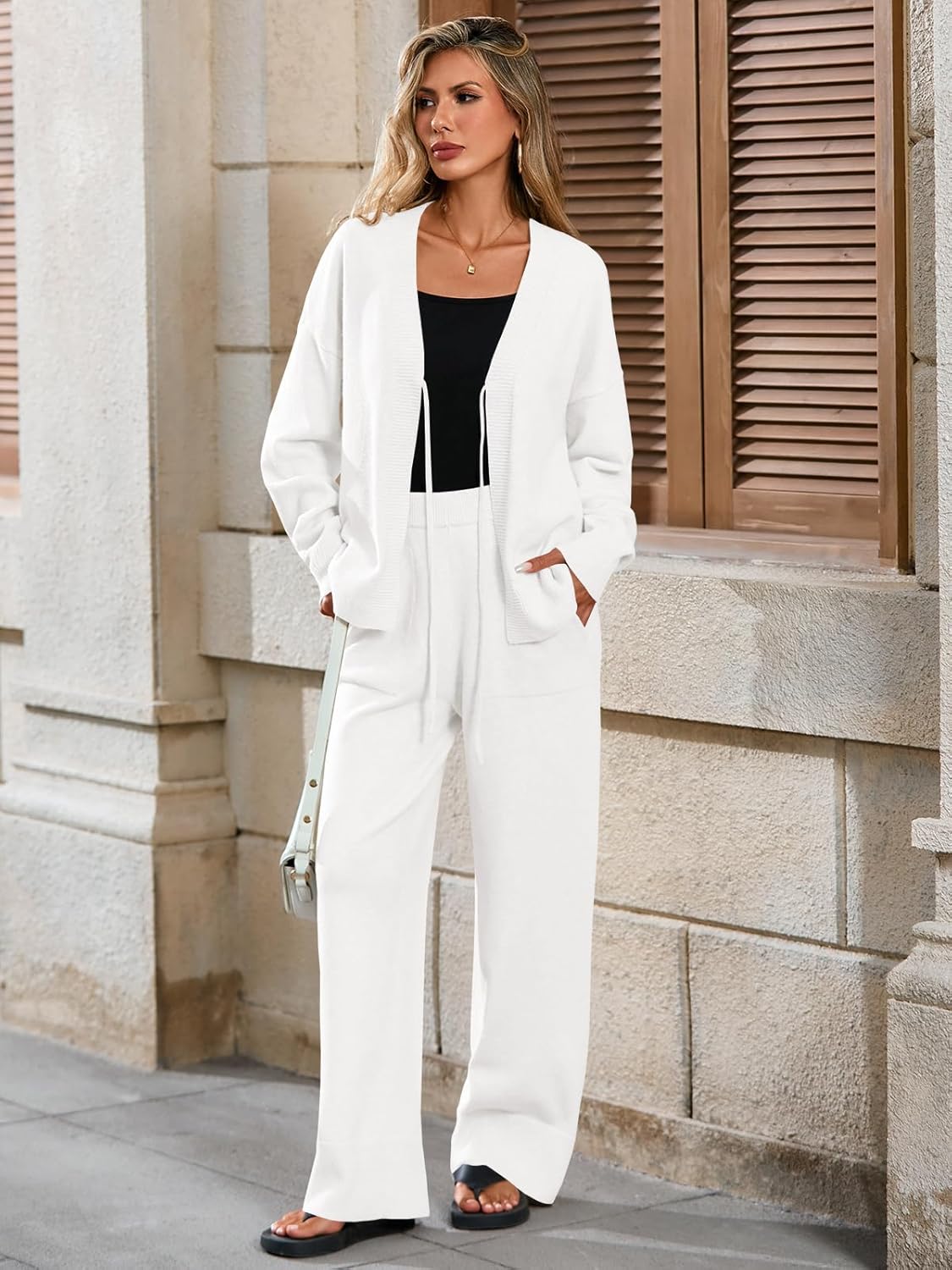 Tankaneo Womens 2 Piece Sweater Sets Oversized Tie Front Cardigan Elastic Waist Pants 2025 Matching Loungewear - Image 2